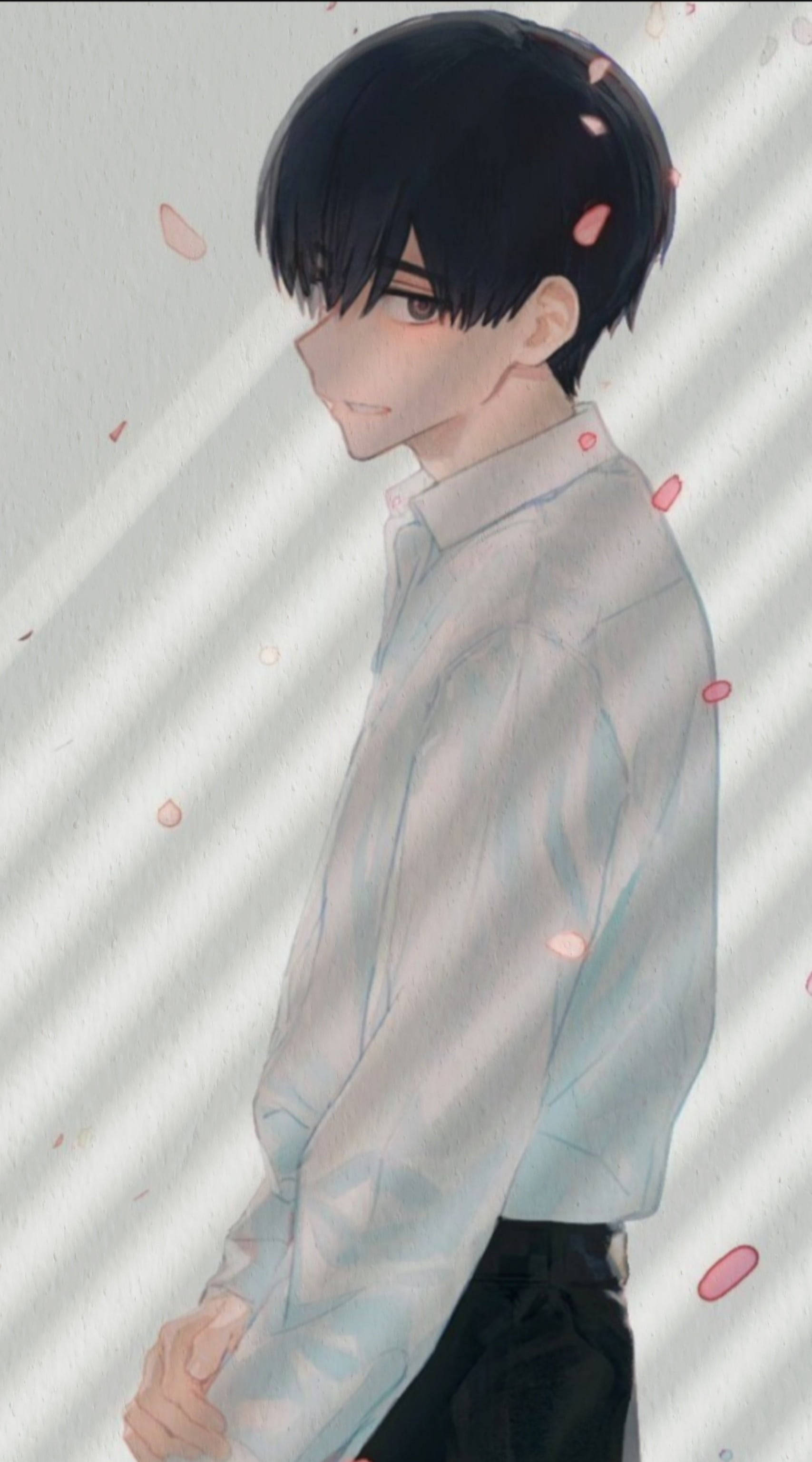 smiling aesthetic anime boy, light blue shirt, soft sunlight, 2K Phone Wallpaper