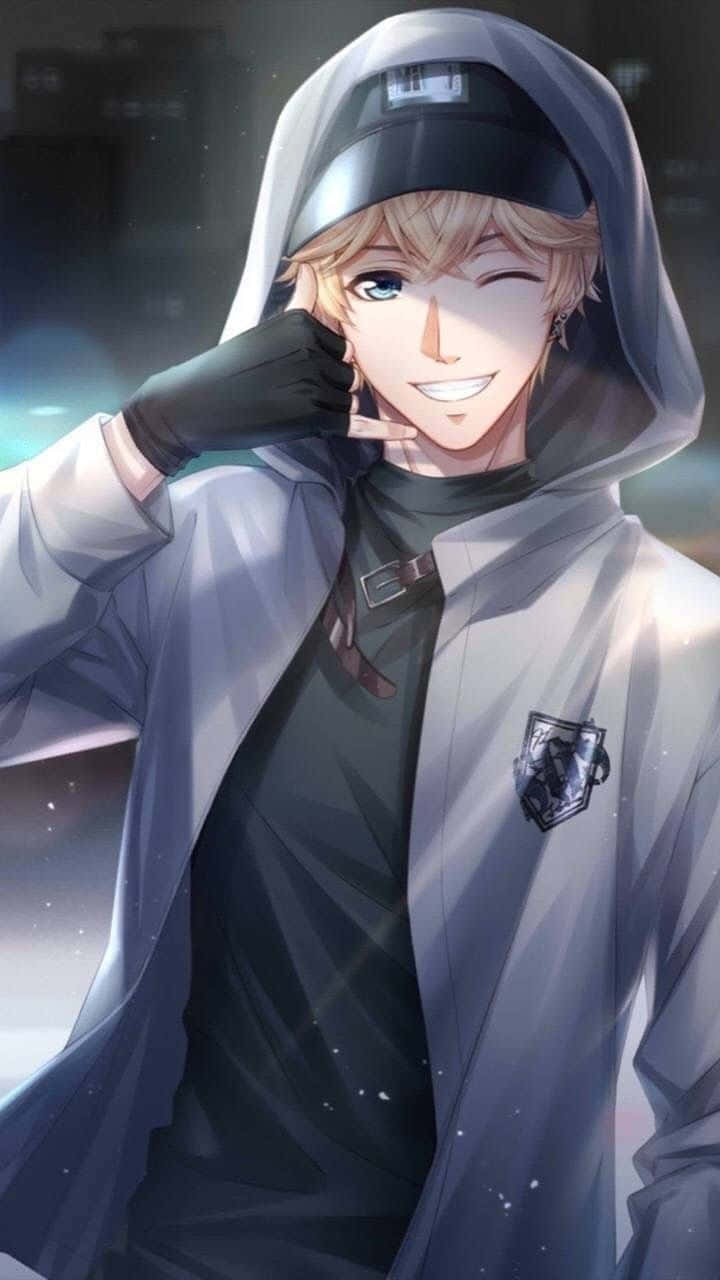 cute boy anime, grey hoodie, winks, HD Phone Wallpaper