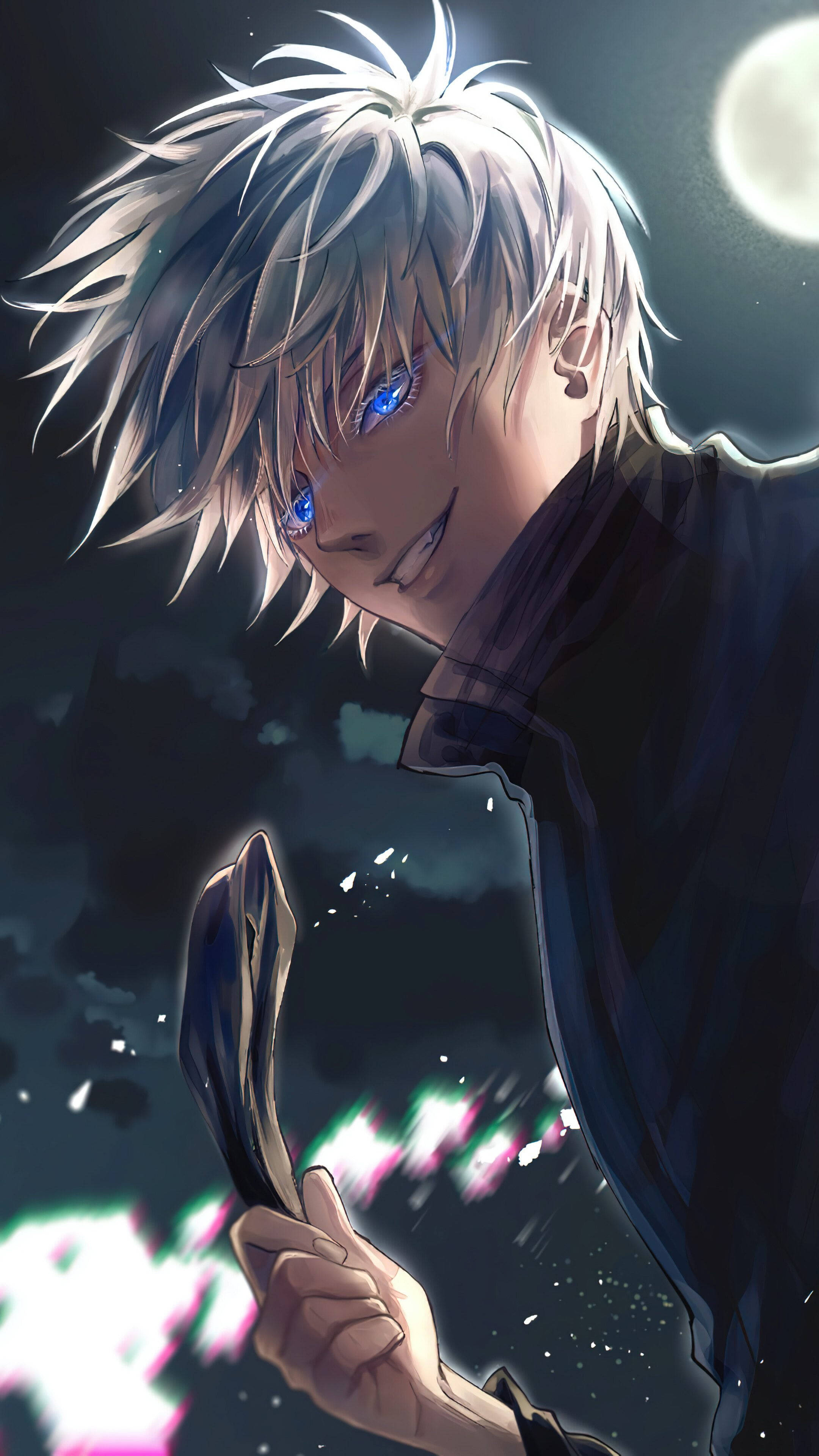 white haired cool boy anime, silver-haired anime boy, glowing blue eyes, 4K Phone Wallpaper