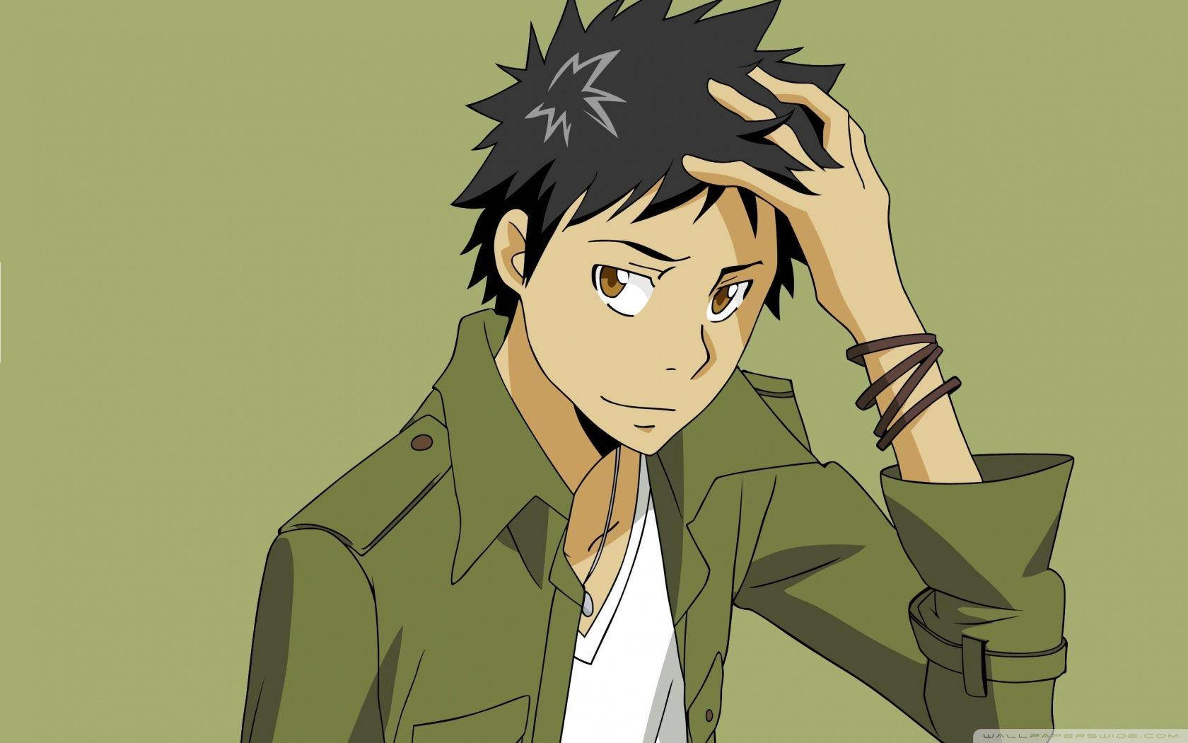 anime boy, spiky black hair, star tattoo, HD Desktop Wallpaper