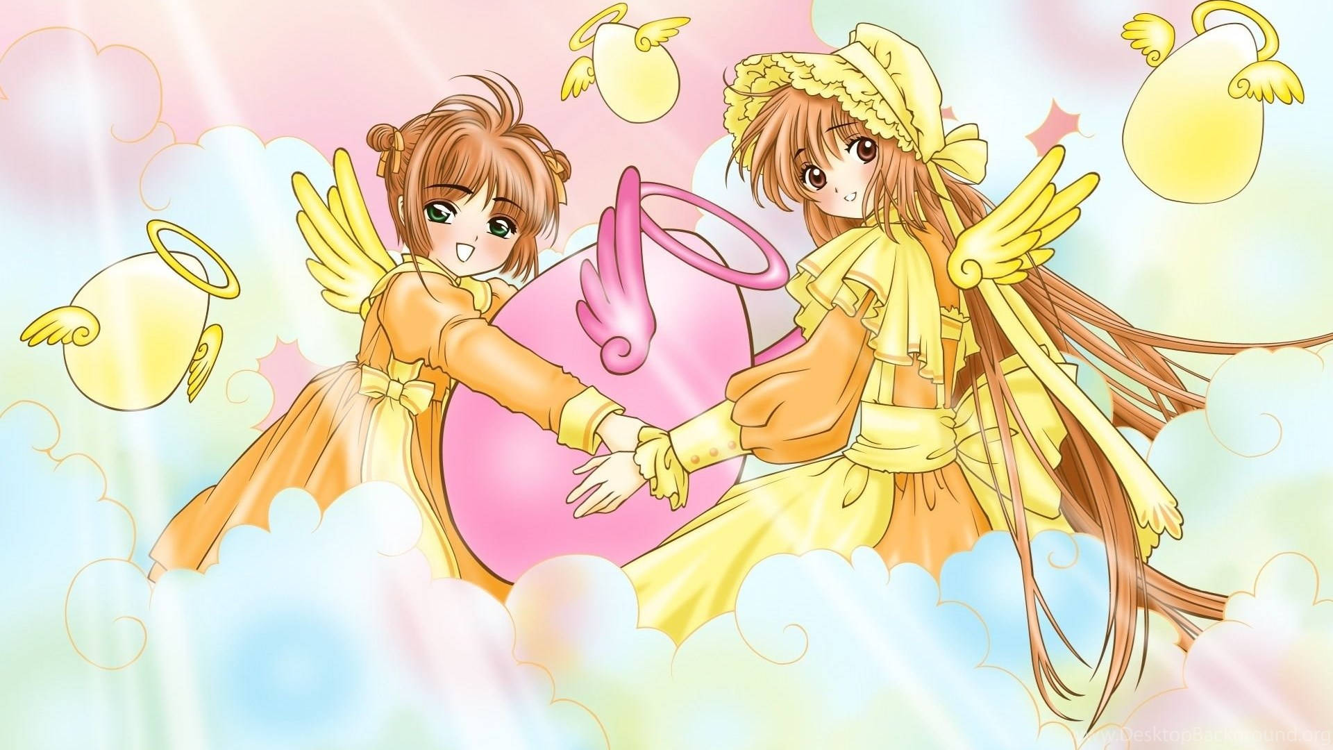 anime girls, angel wings, pink magical orb, Full HD Desktop Wallpaper