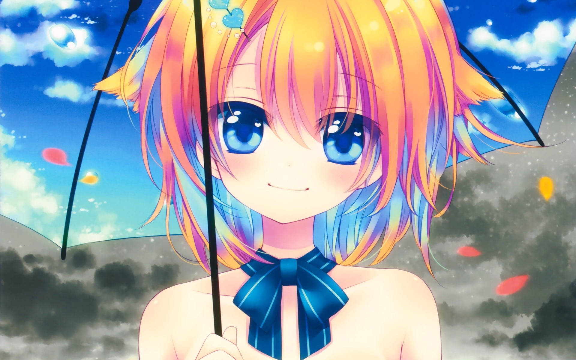 Cute Anime Characters, rainbow hair, blue eyes, Full HD Desktop Wallpaper