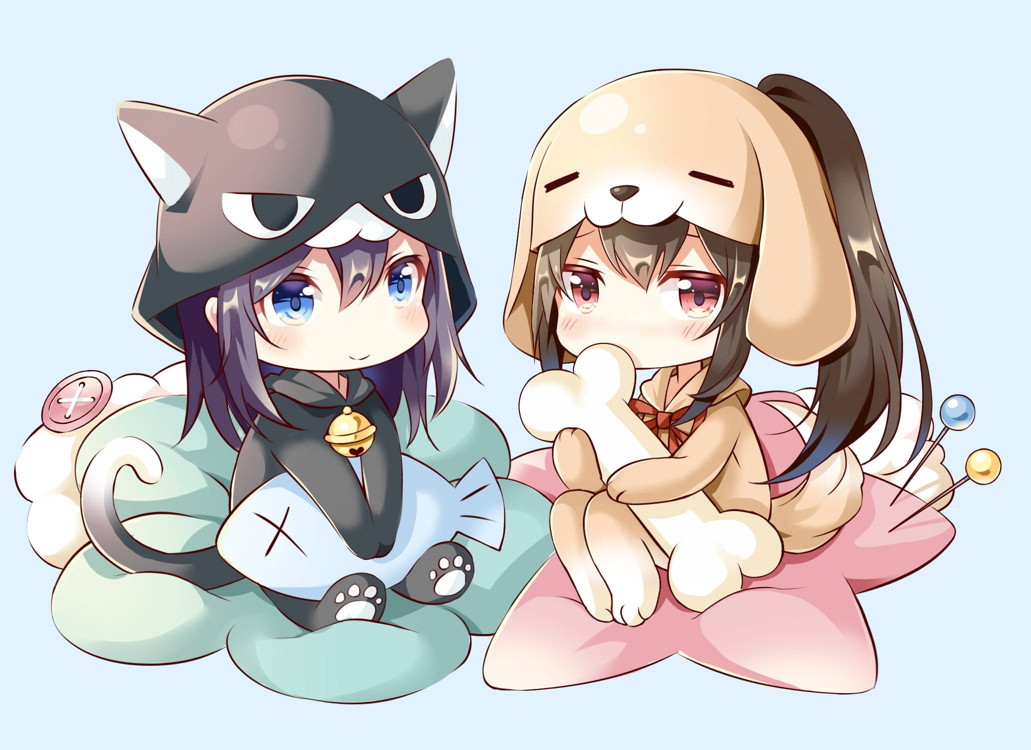 cute anime characters chibi, chibi anime girls, animal hoodies, Full HD Desktop Wallpaper