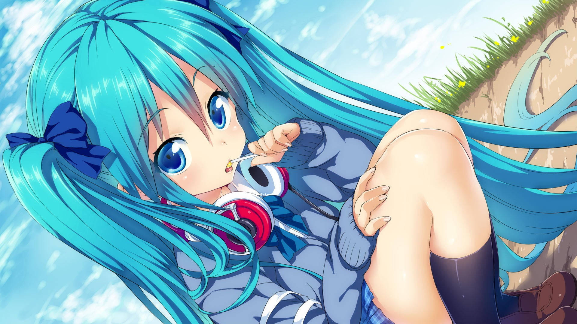 cute anime characters, lollipop, turquoise hair, Full HD Desktop Wallpaper