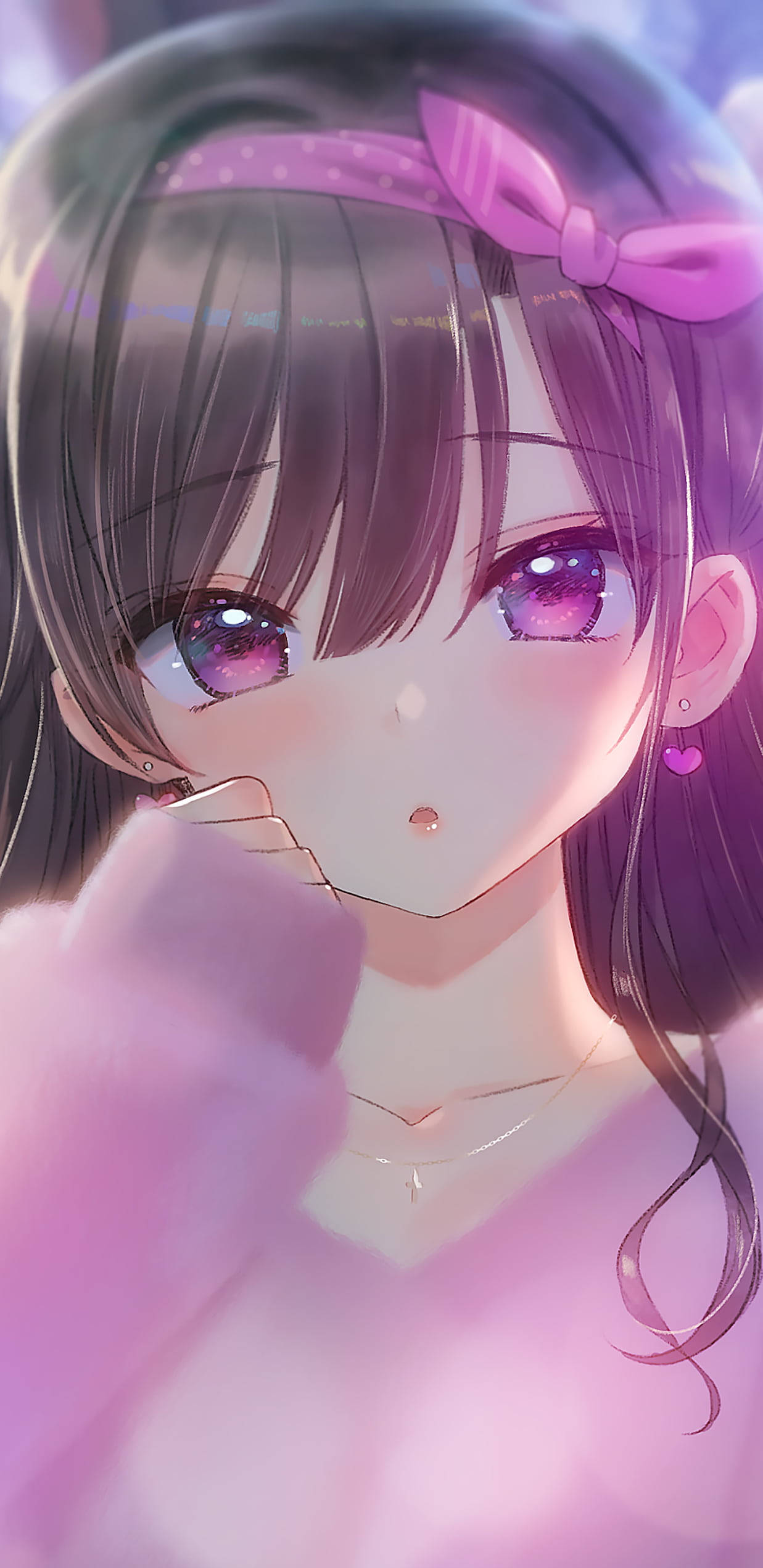 anime girl, purple eyes, pink bow, Full HD Phone Wallpaper