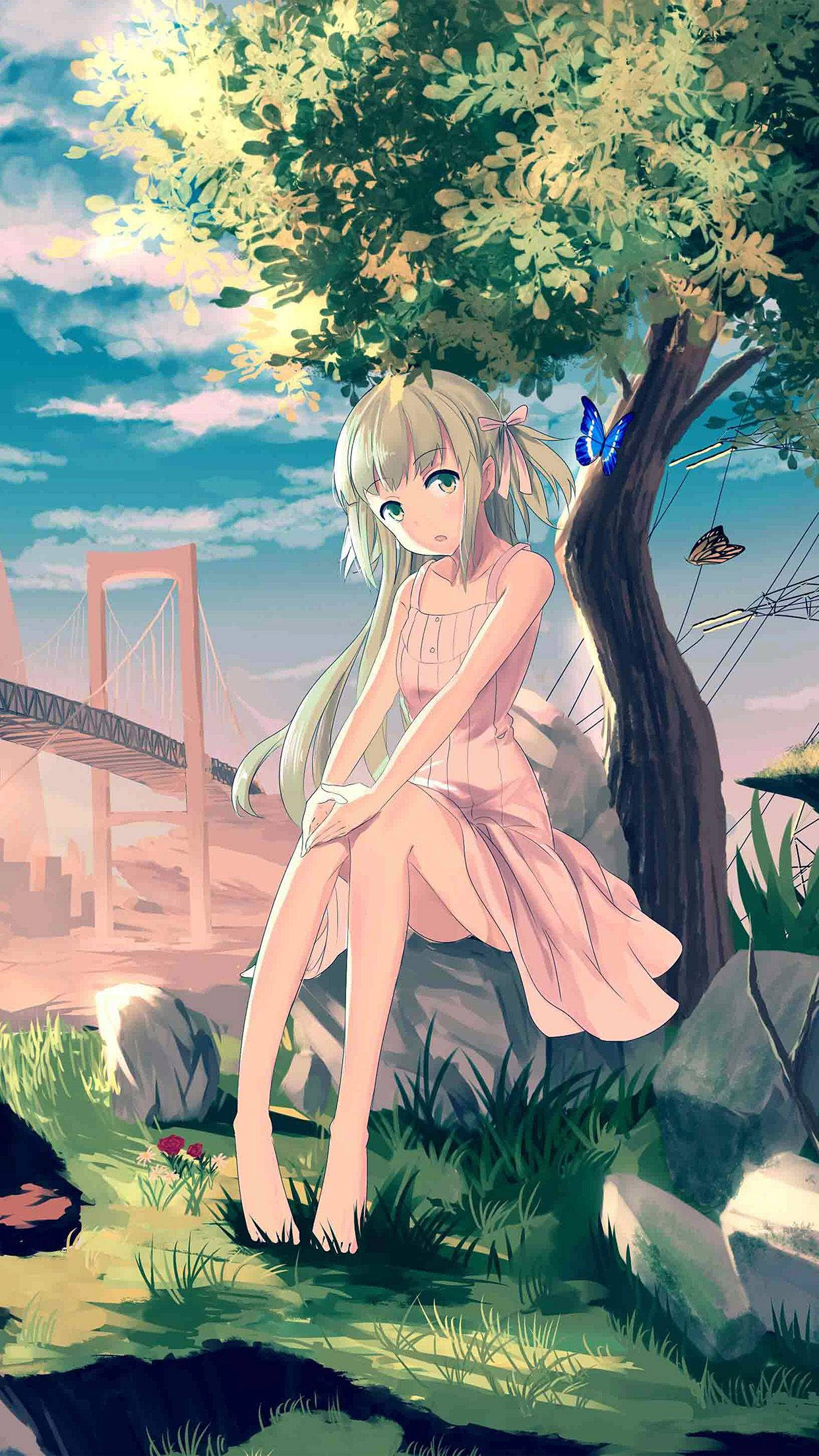 blonde anime girl, pink dress, leafy tree, Full HD Phone Wallpaper