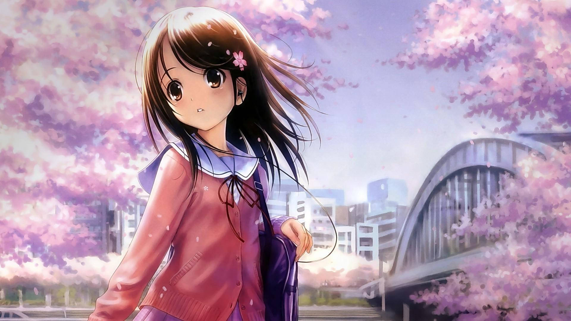 cute anime characters, sakura flowers, young anime girl, Full HD Desktop Wallpaper