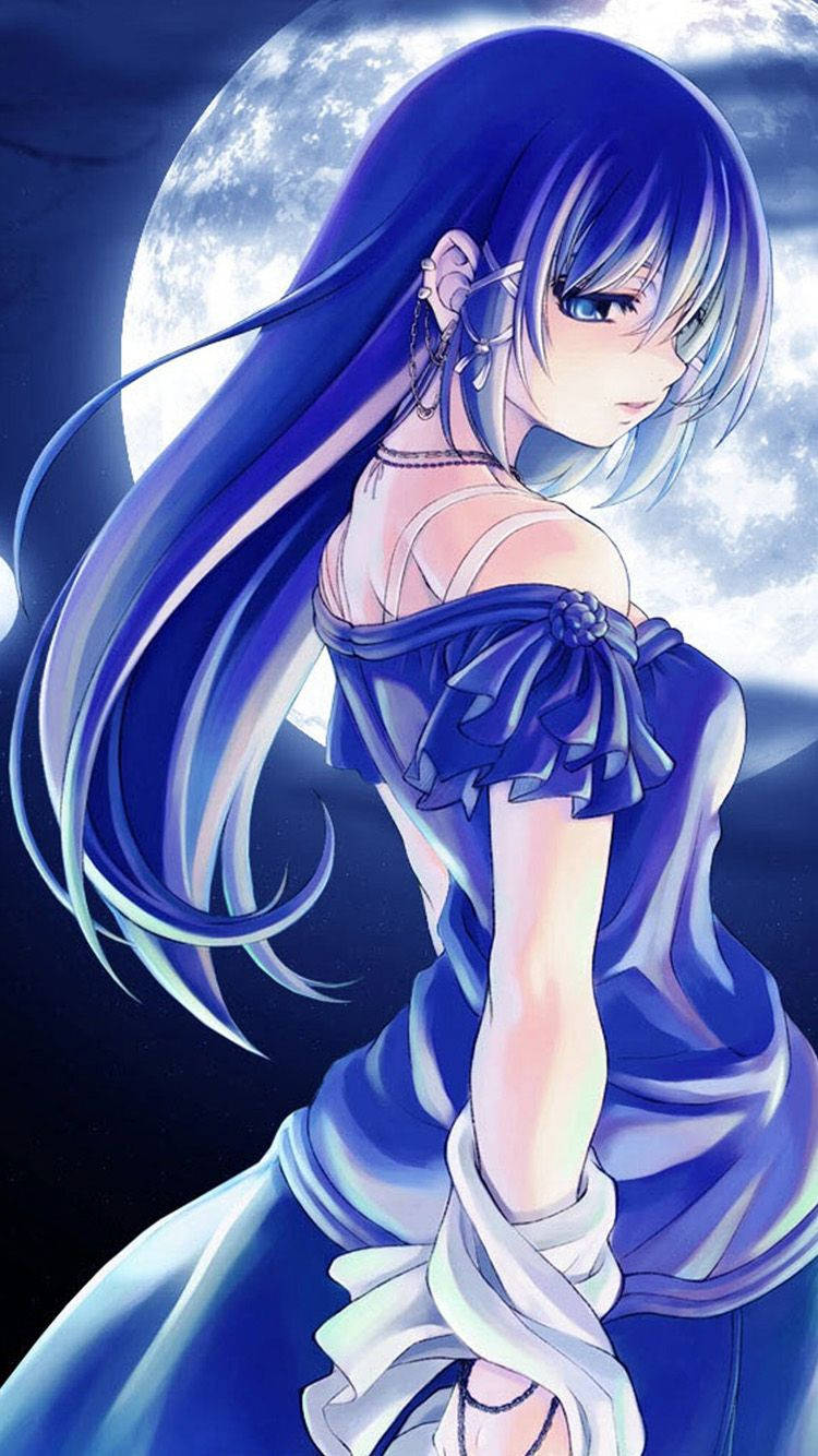 blue-haired anime girl, flowing blue dress, full moon, HD Phone Wallpaper