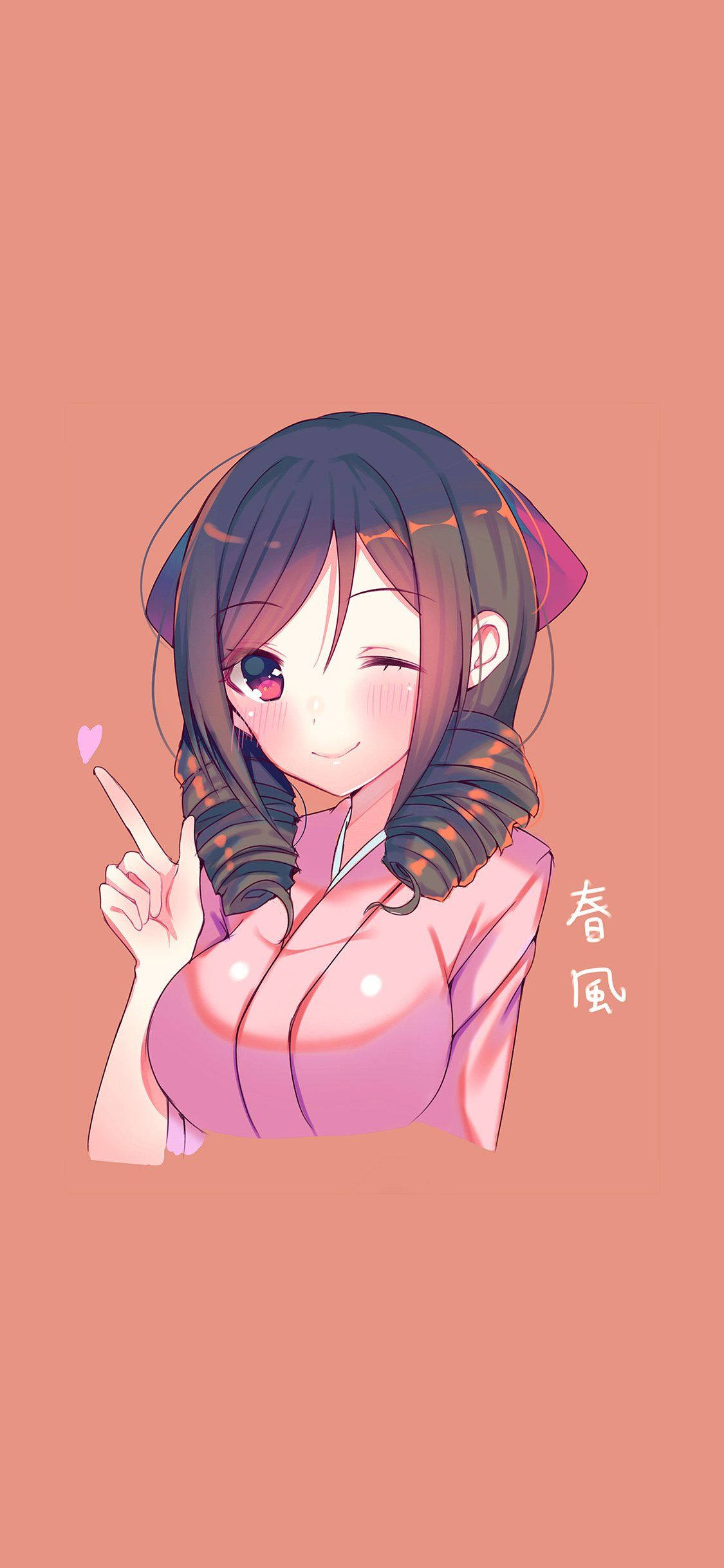 Cute Anime Girl iPhone, pink kimono, winks, Full HD Phone Wallpaper