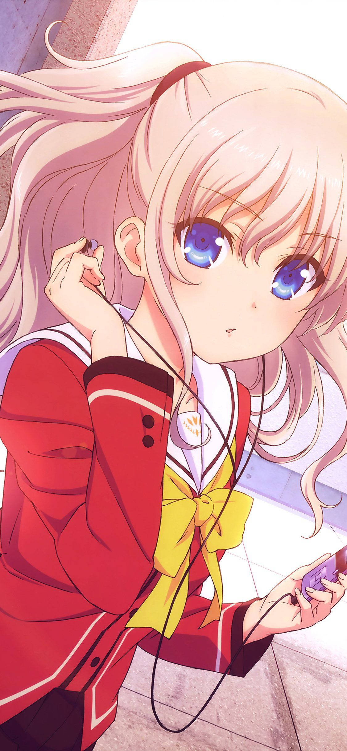 pink hair, blue eyes, red school uniform, Full HD Phone Wallpaper