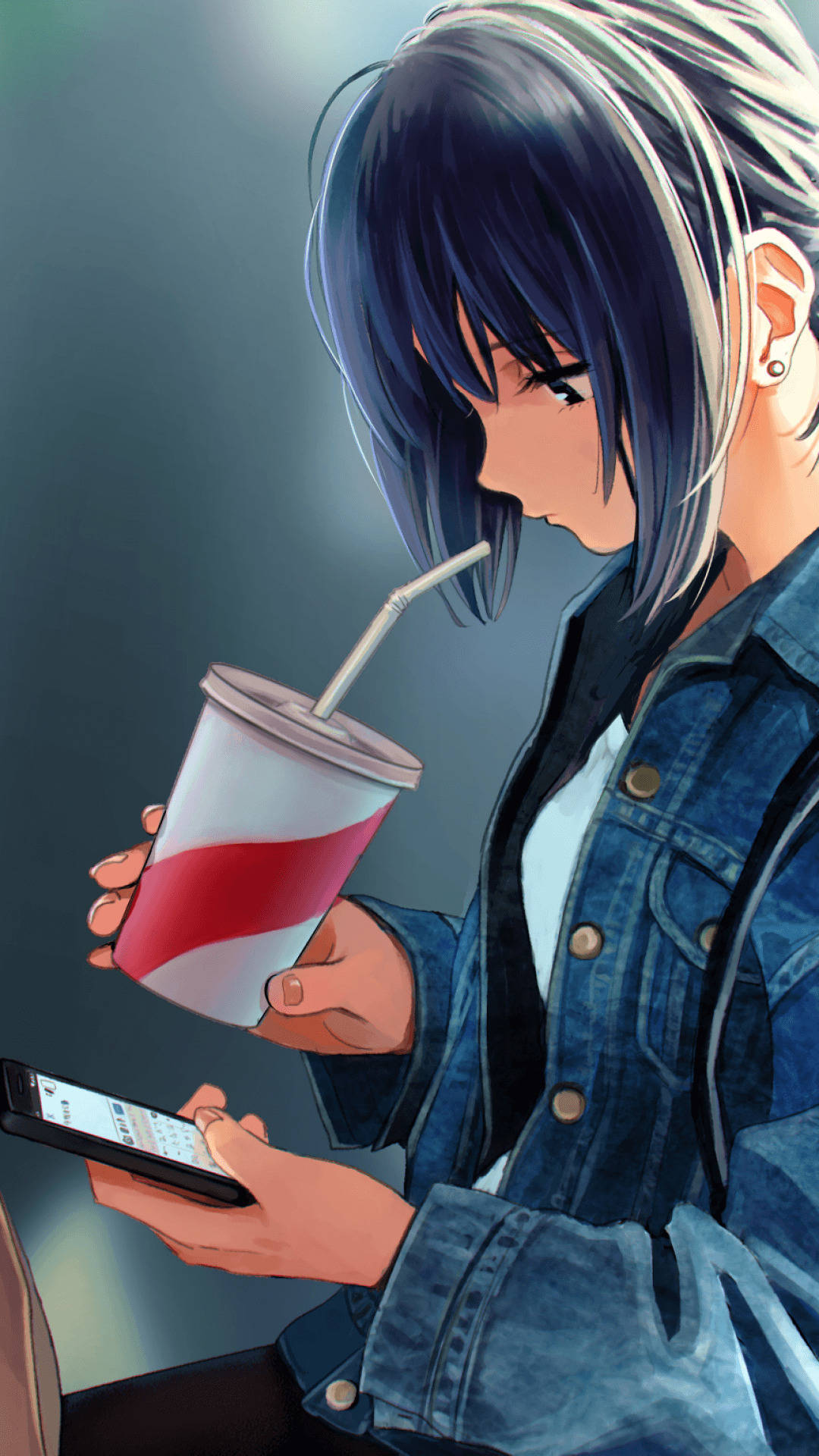 anime girl, blue hair, texting on her phone, Full HD Phone Wallpaper