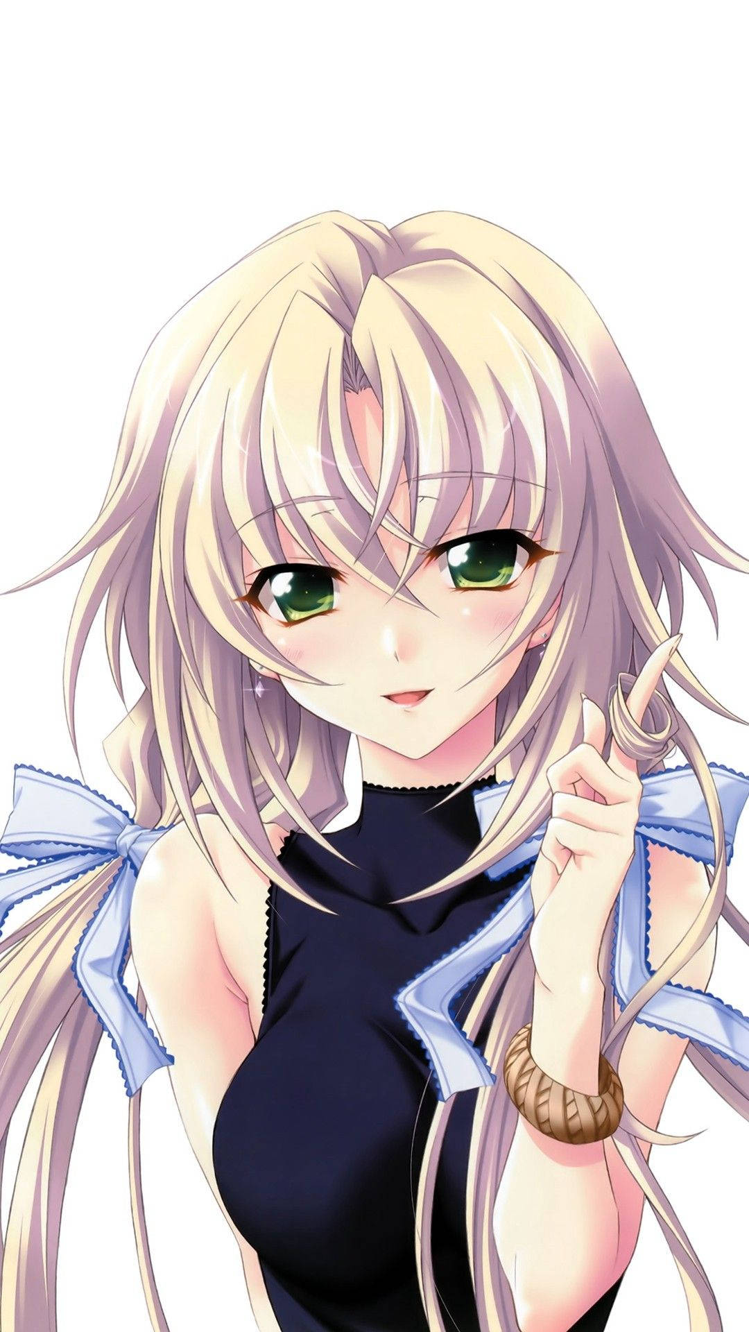 blonde anime girl, green eyes, blue ribbon accents, Full HD Phone Wallpaper