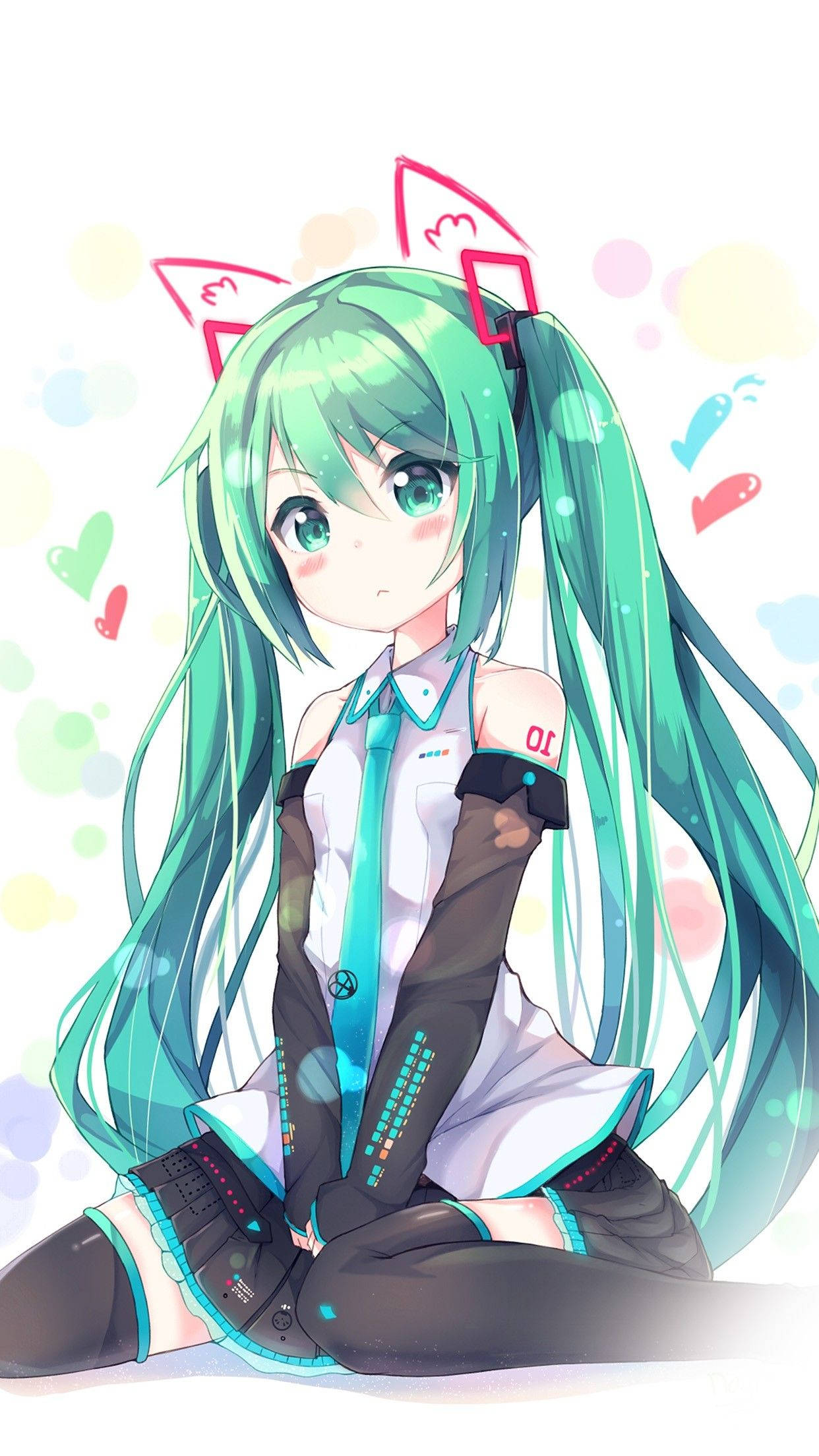 teal pigtails, pink cat ears, cross-legged, Full HD Phone Wallpaper