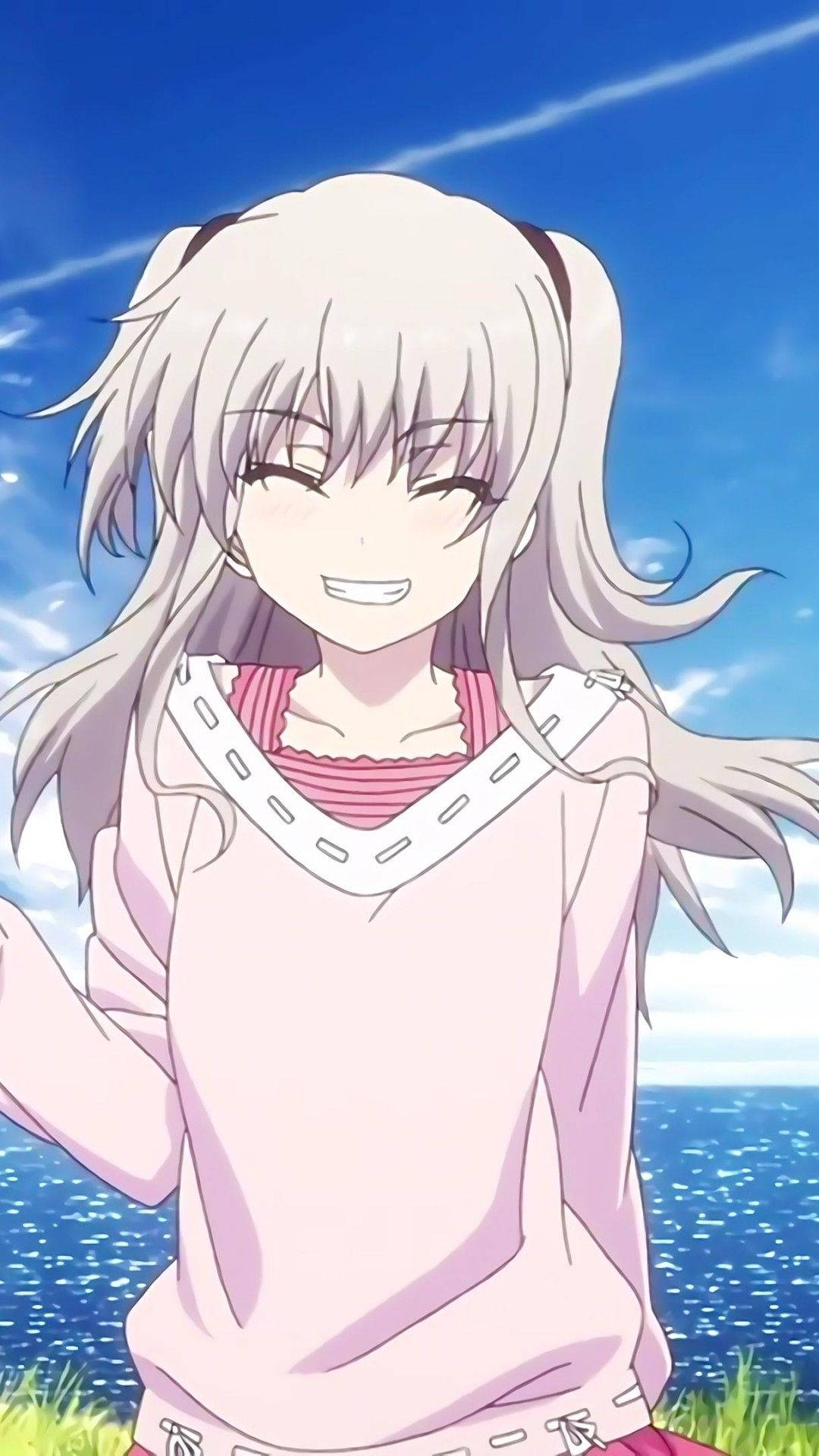 grinning cute anime girl, silver hair, pink sweater, Full HD Phone Wallpaper