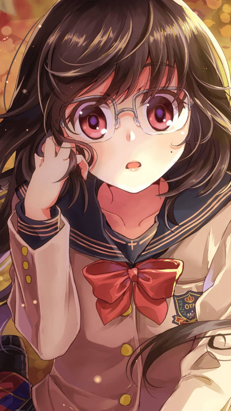 geeky cute anime girl, glasses, red bow, HD Phone Wallpaper