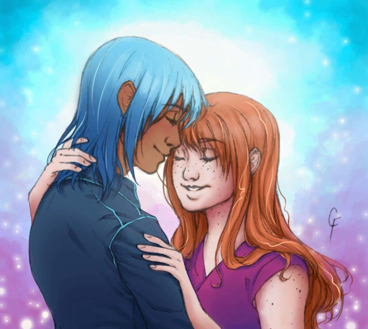 blue-haired person, freckled redhead, cosmic sky, HD Desktop Wallpaper