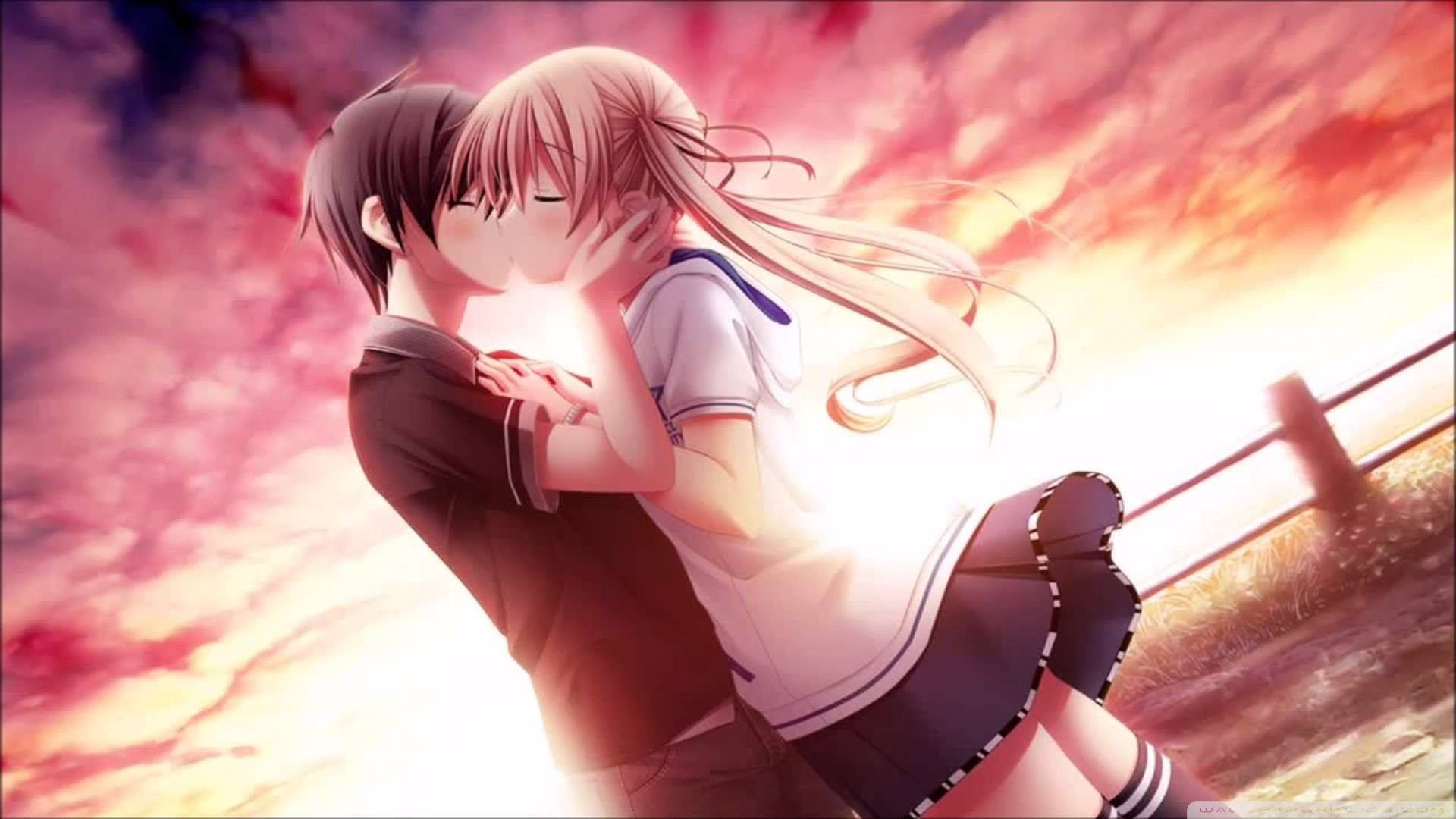 anime teens, fiery sunset sky, glowing clouds, Full HD Desktop Wallpaper