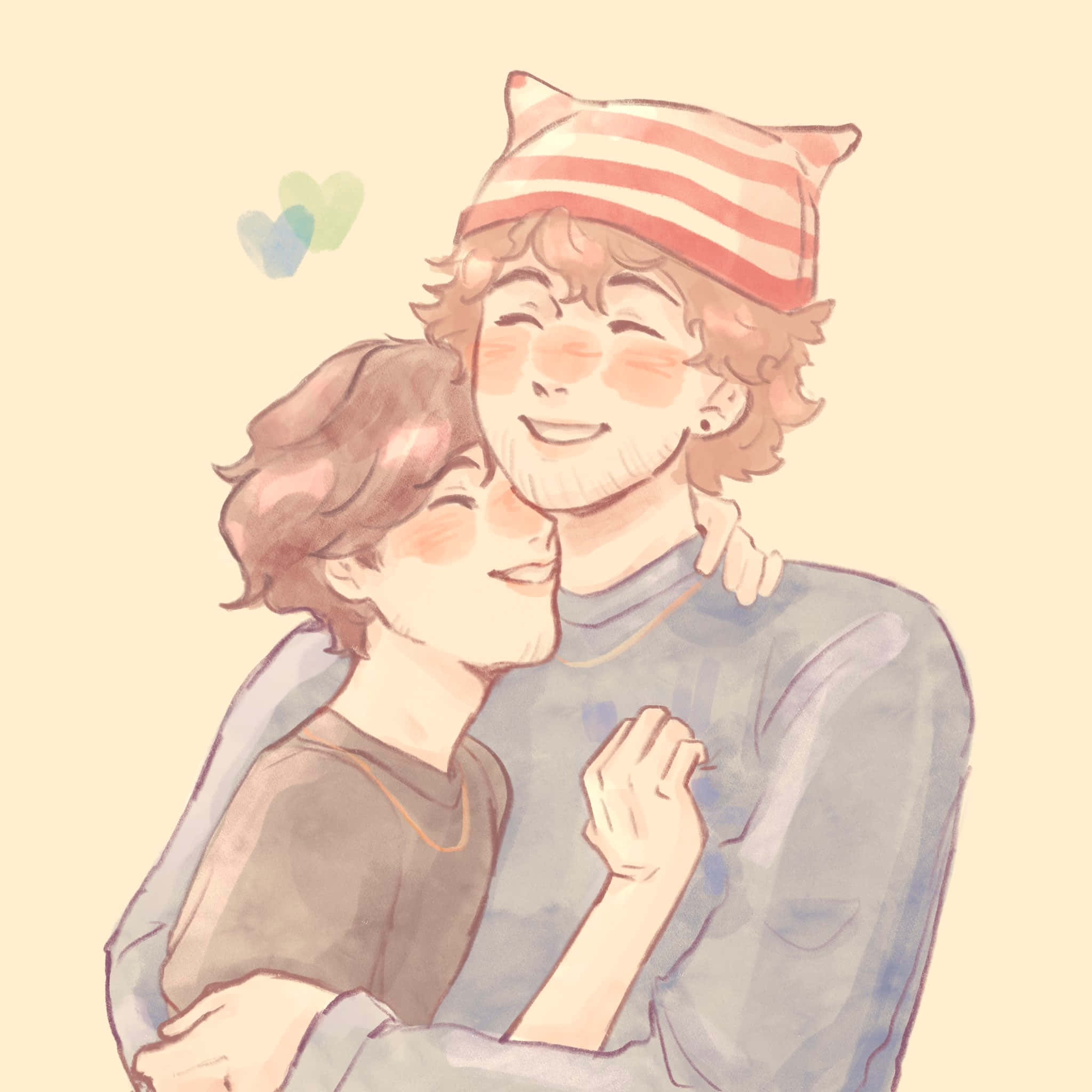 striped cat ear hat, soft pastel hearts, two smiling young men, Full HD Desktop Wallpaper
