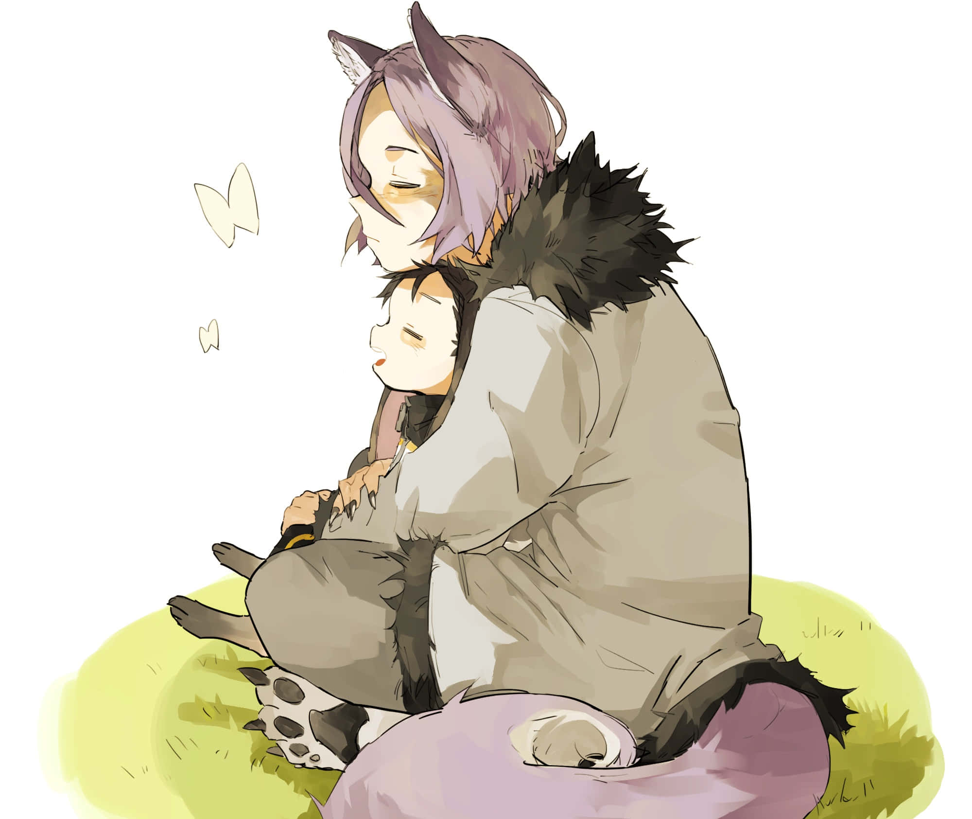 purple-haired anthropomorphic wolf, fur-lined coat, sleeping child, Full HD Desktop Wallpaper