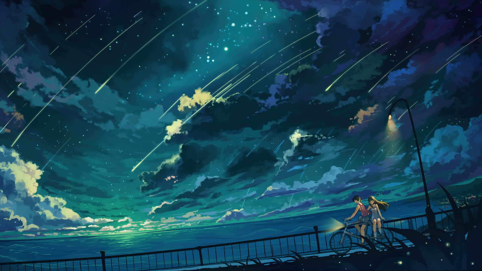 Starry Night, seaside pier, bicycle, Full HD Desktop Wallpaper
