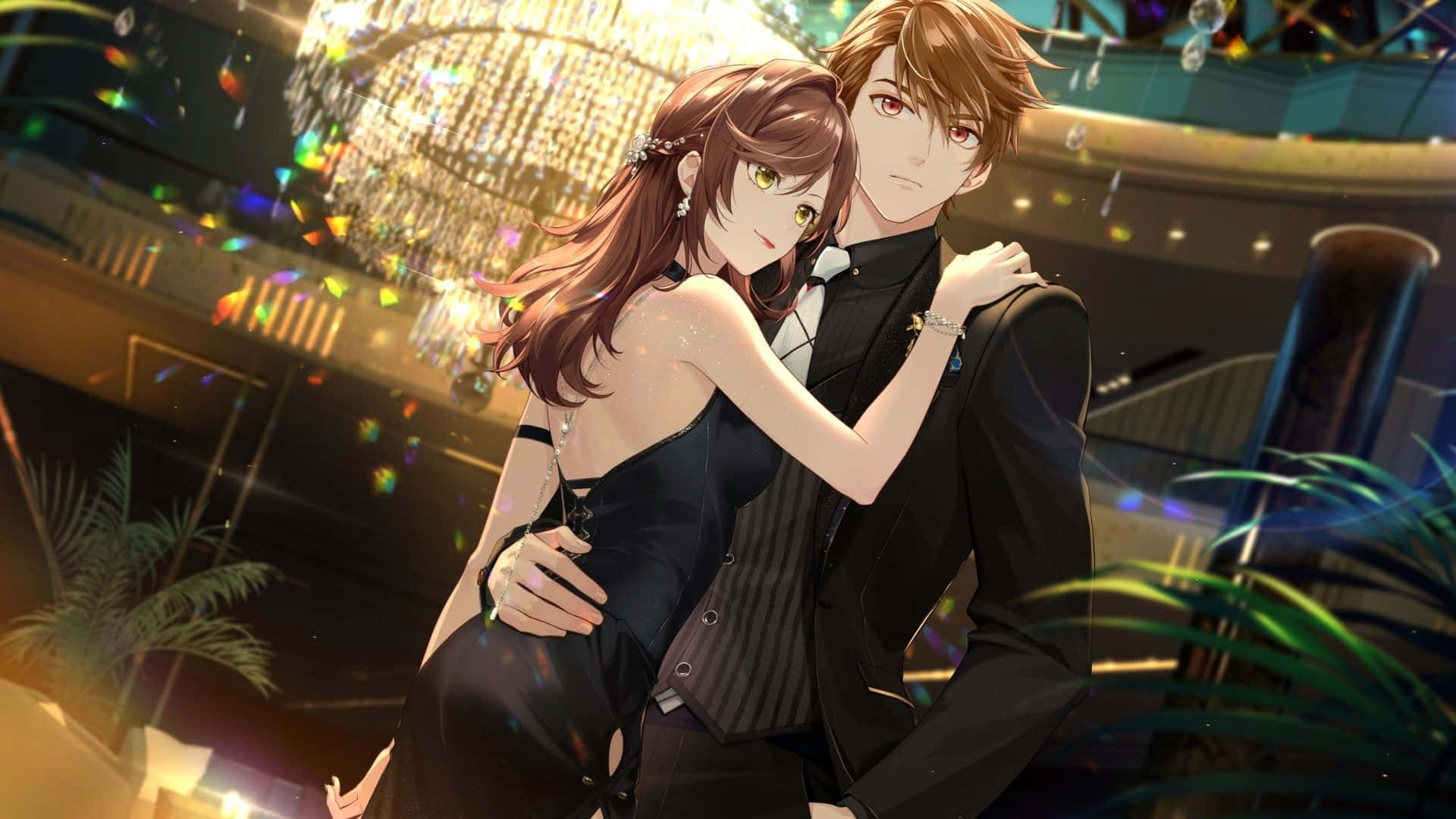 elegant anime couple, sparkling chandelier, lavish night club, Full HD Desktop Wallpaper