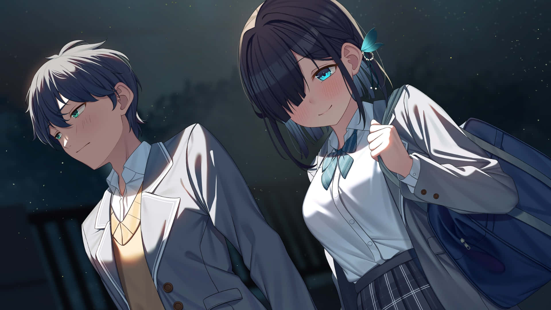 anime students, school uniforms, starry night sky, Full HD Desktop Wallpaper