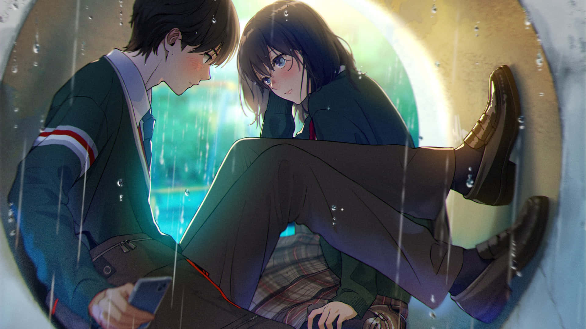 anime teens, school uniforms, rain soaked tunnel, Full HD Desktop Wallpaper