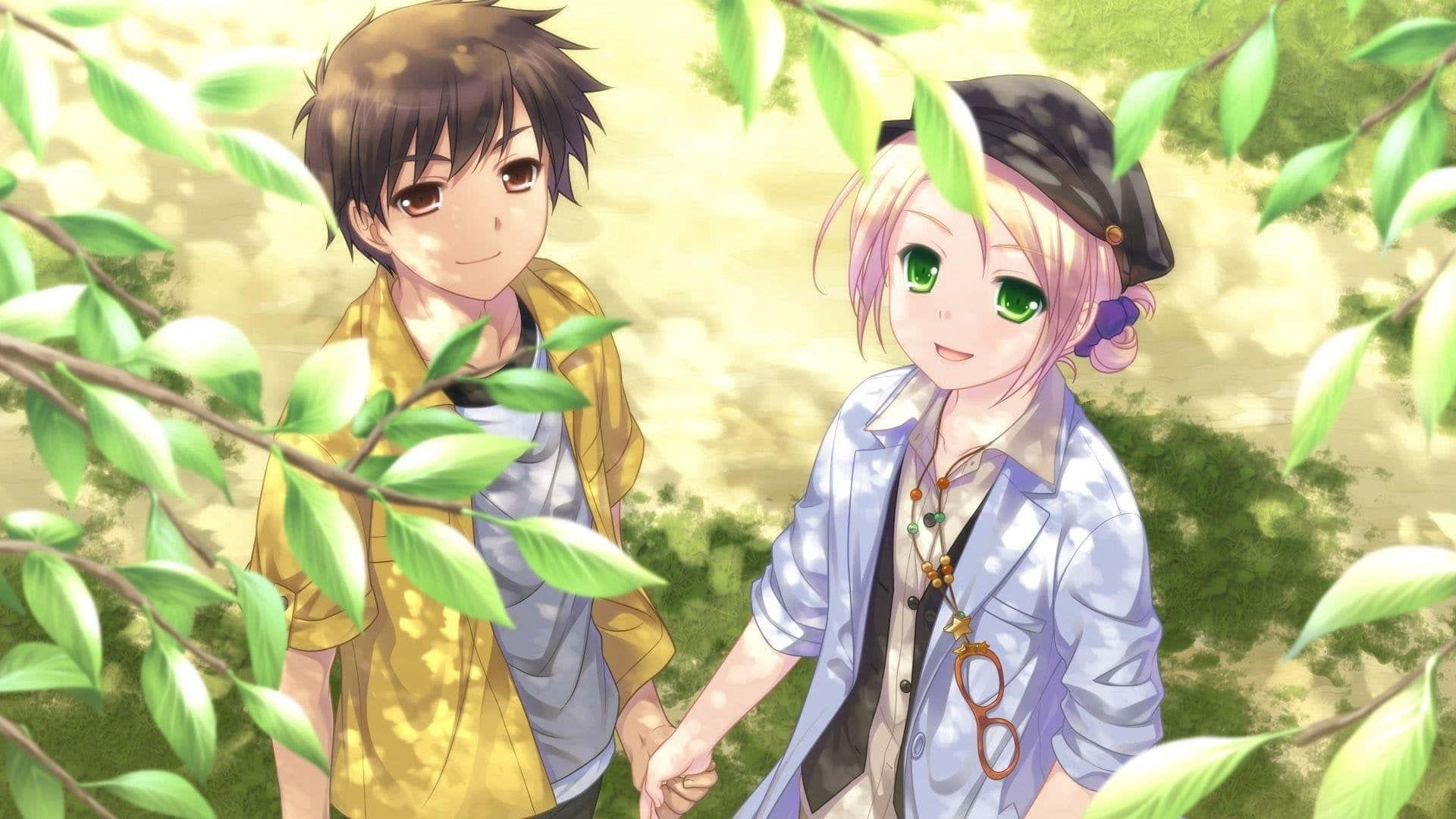 anime couple, teens, dappled sunlight, Full HD Desktop Wallpaper