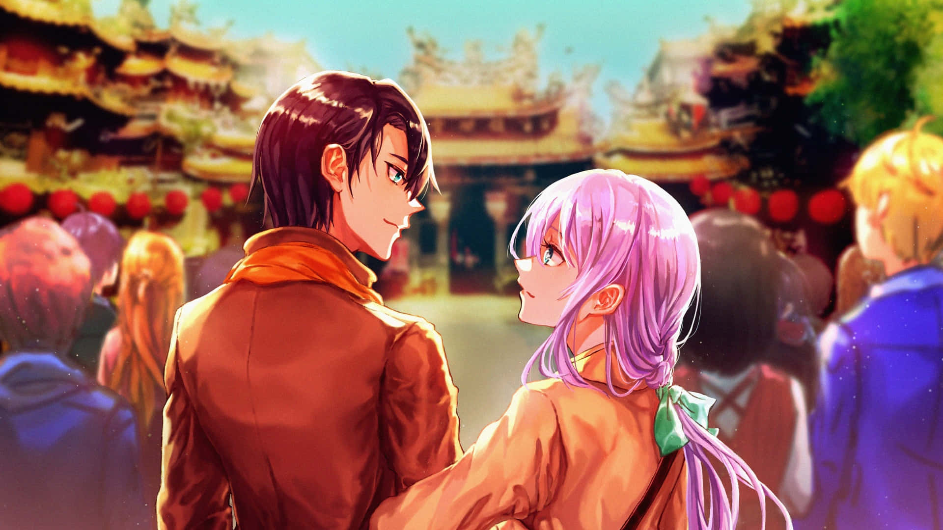 orange outfits, temple festival, golden roofs, Full HD Desktop Wallpaper