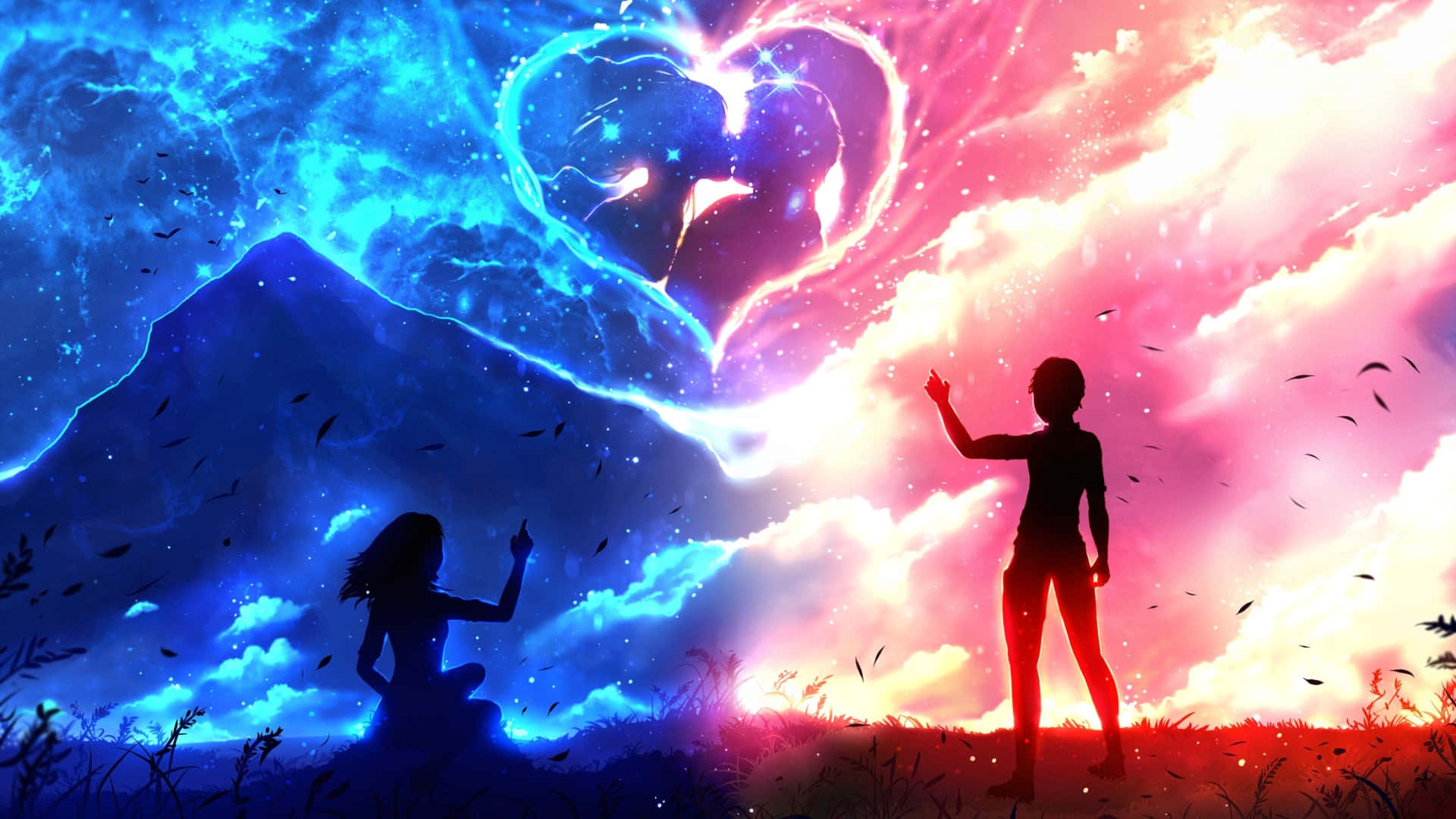 glowing heart-shaped nebula, split blue and pink sky, silhouetted figures, Full HD Desktop Wallpaper