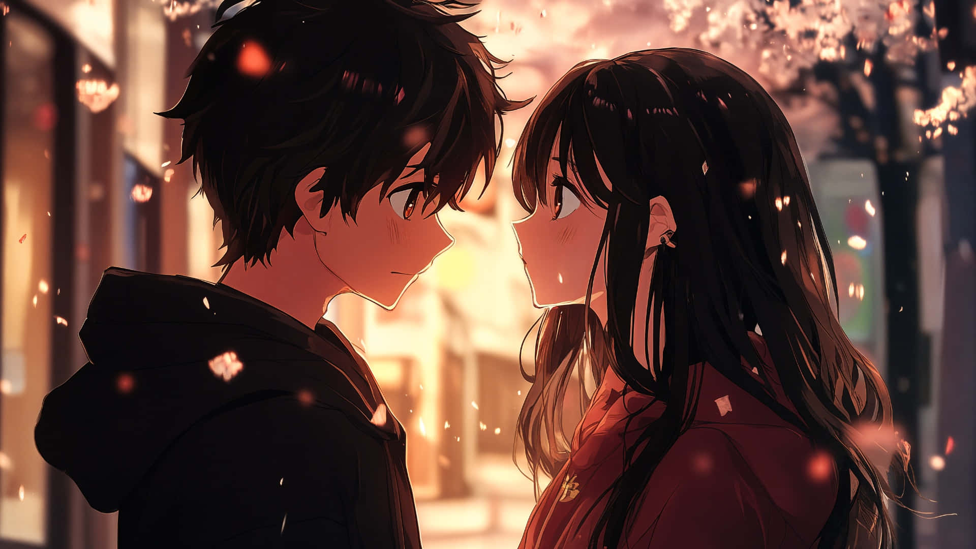 anime couple, cherry blossoms, golden sunset, Full HD Desktop Wallpaper