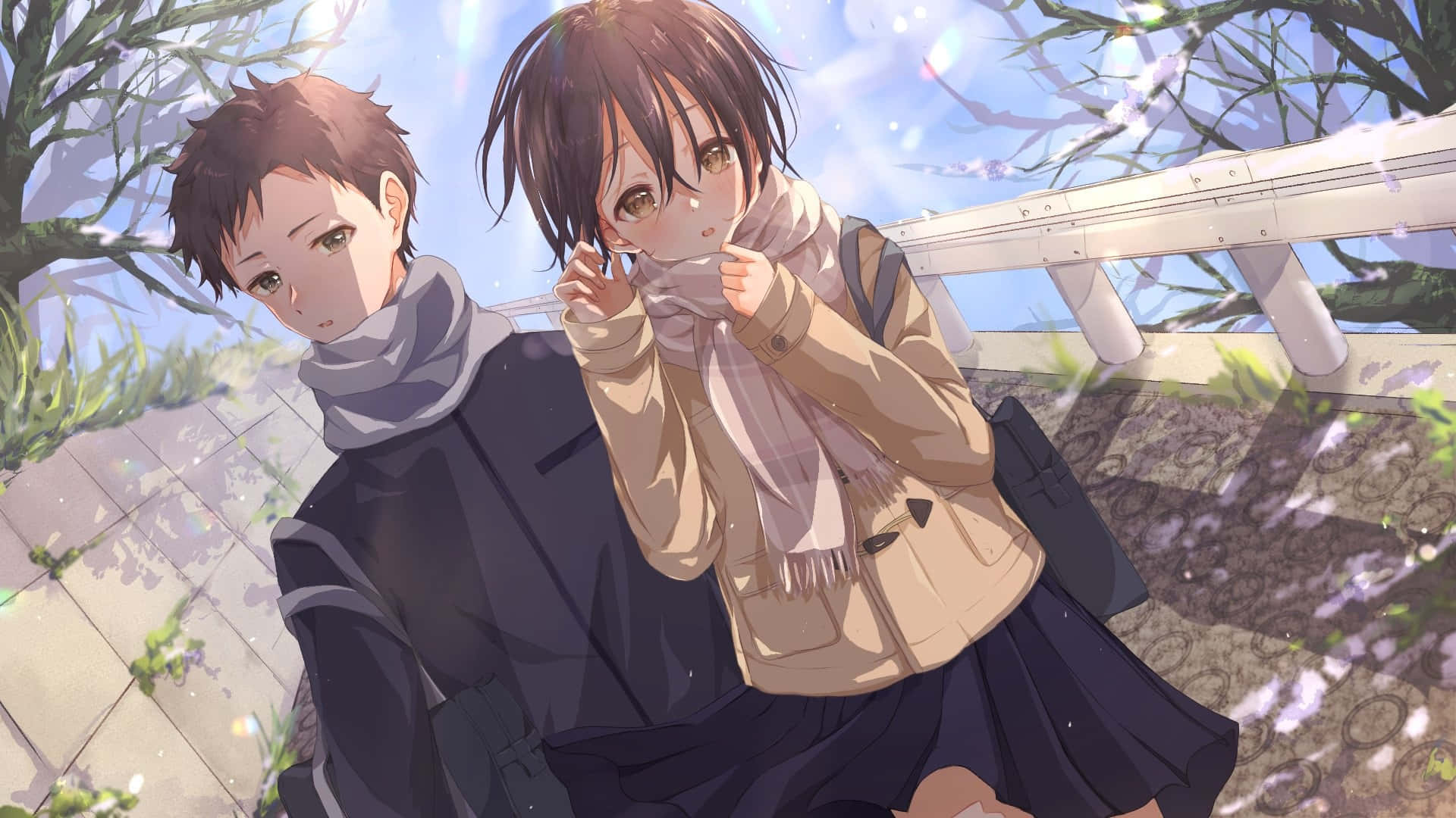anime teens, stone steps, cherry blossoms, Full HD Desktop Wallpaper