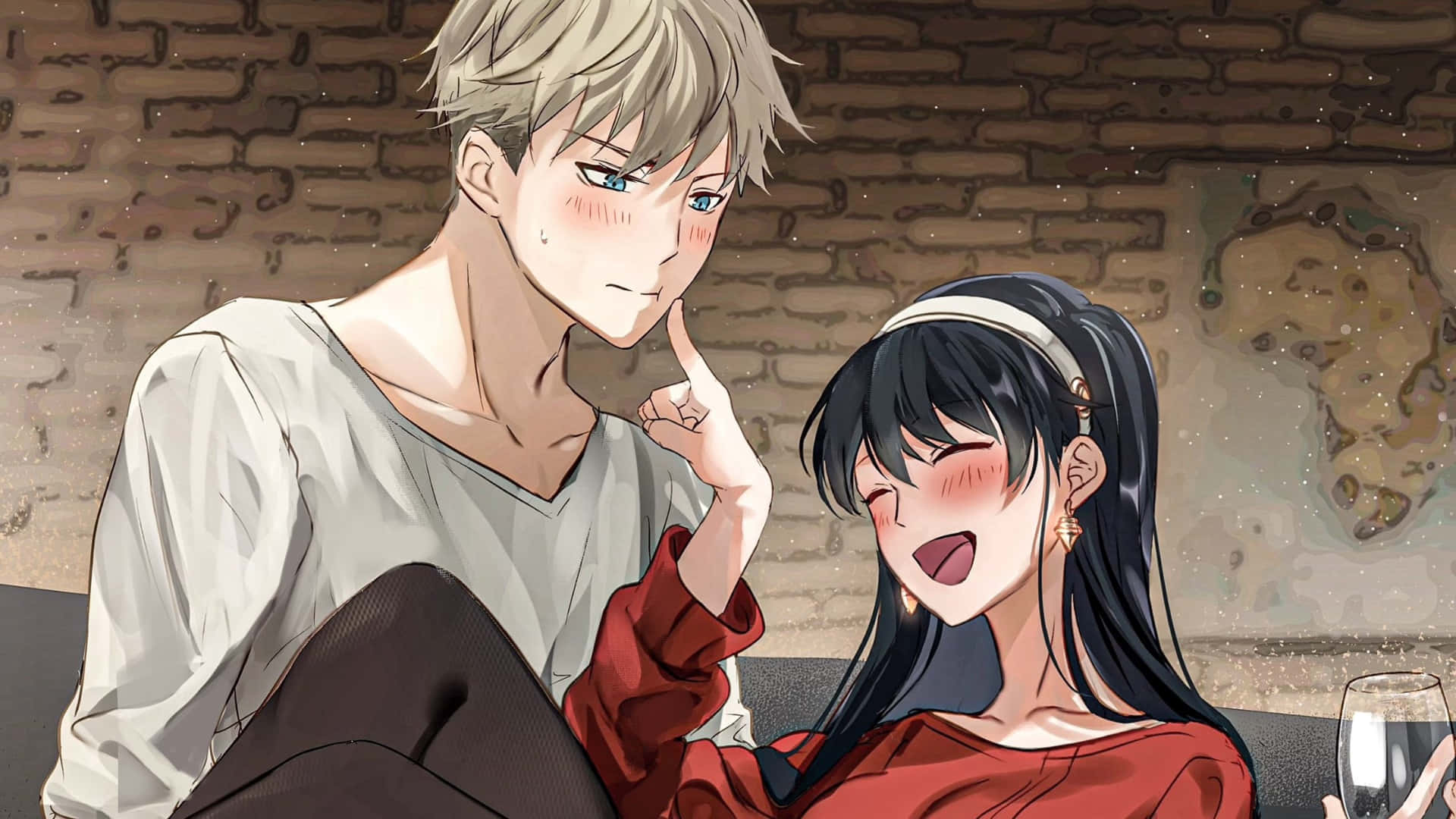 anime girl in red, blushing boy in white, brick wall backdrop, Full HD Desktop Wallpaper