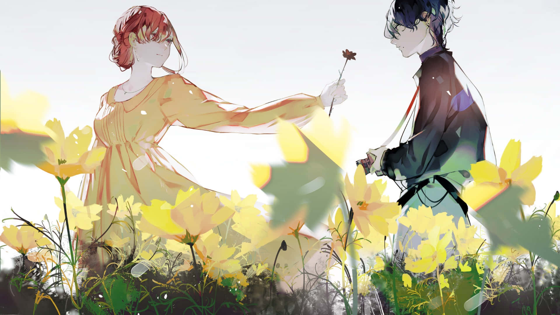 red-haired girl, yellow dress, dark-haired boy, Full HD Desktop Wallpaper