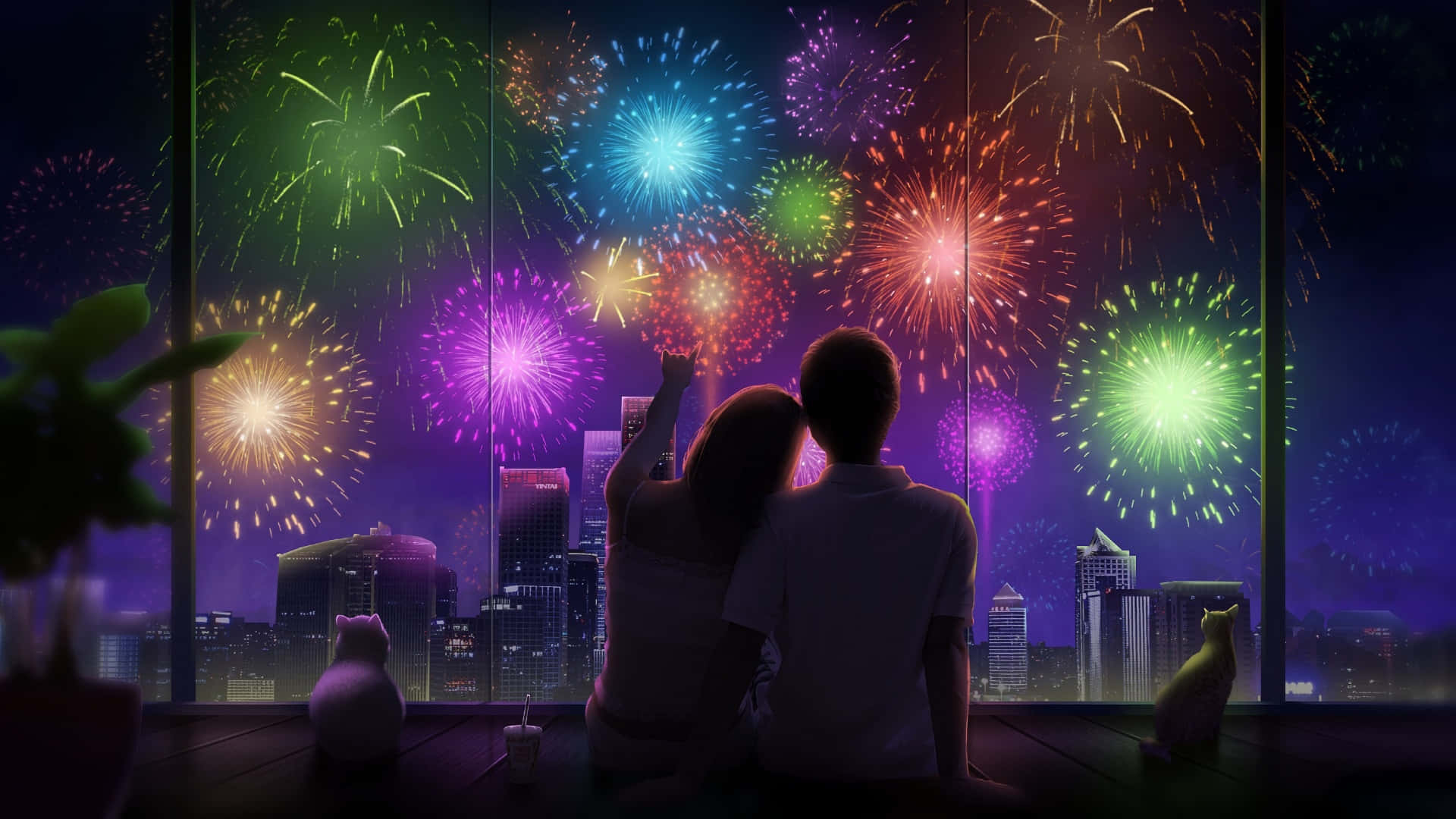 cute anime couple, fireworks, city skyline, Full HD Desktop Wallpaper
