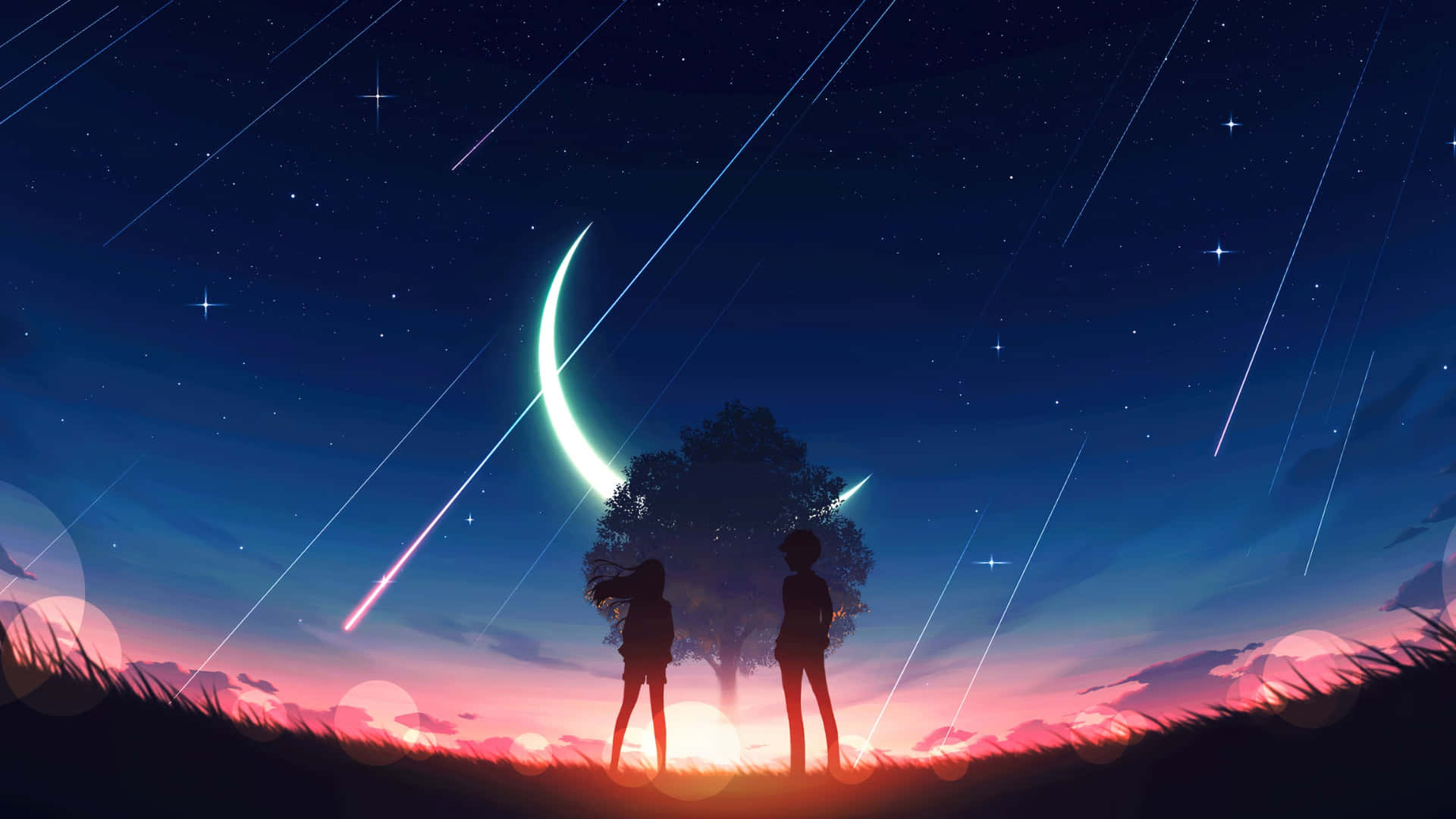 shooting stars, glowing crescent moon, twilight sky, Full HD Desktop Wallpaper