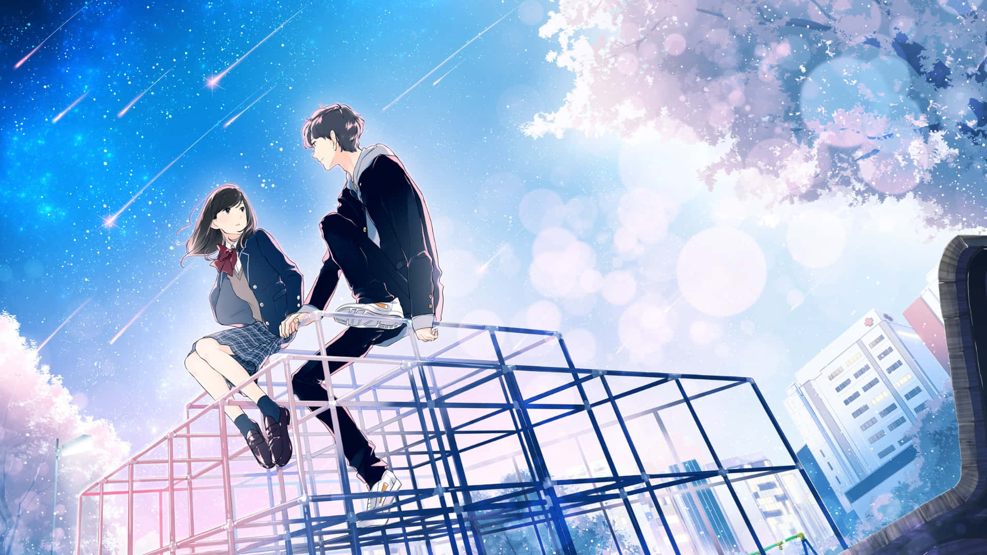 anime teens, metal structure, starry sky, Full HD Desktop Wallpaper