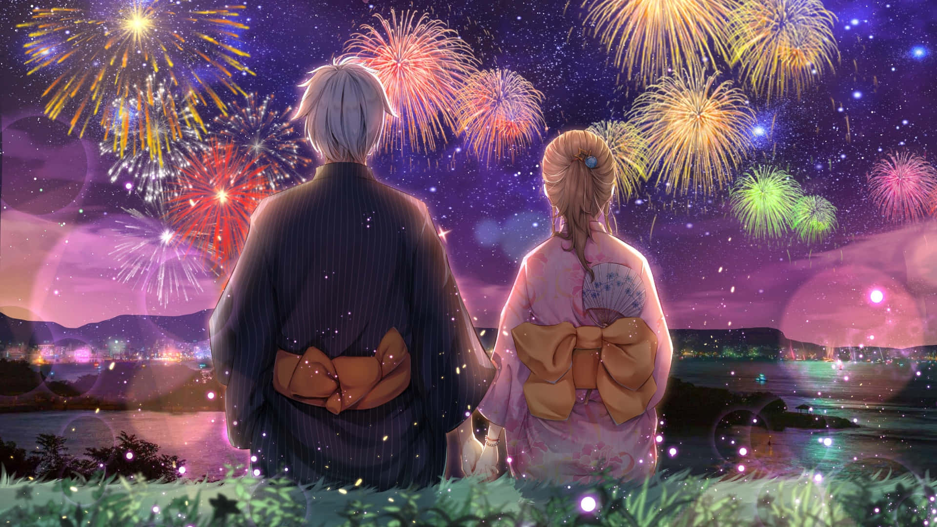 anime couple, traditional kimonos, vibrant fireworks, Full HD Desktop Wallpaper
