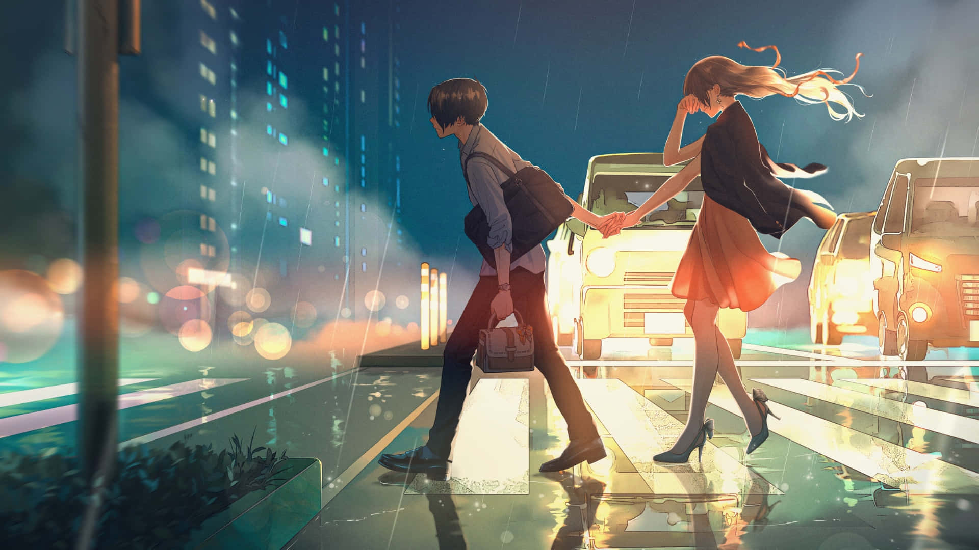 cute anime couple, rainy city street, night, Full HD Desktop Wallpaper