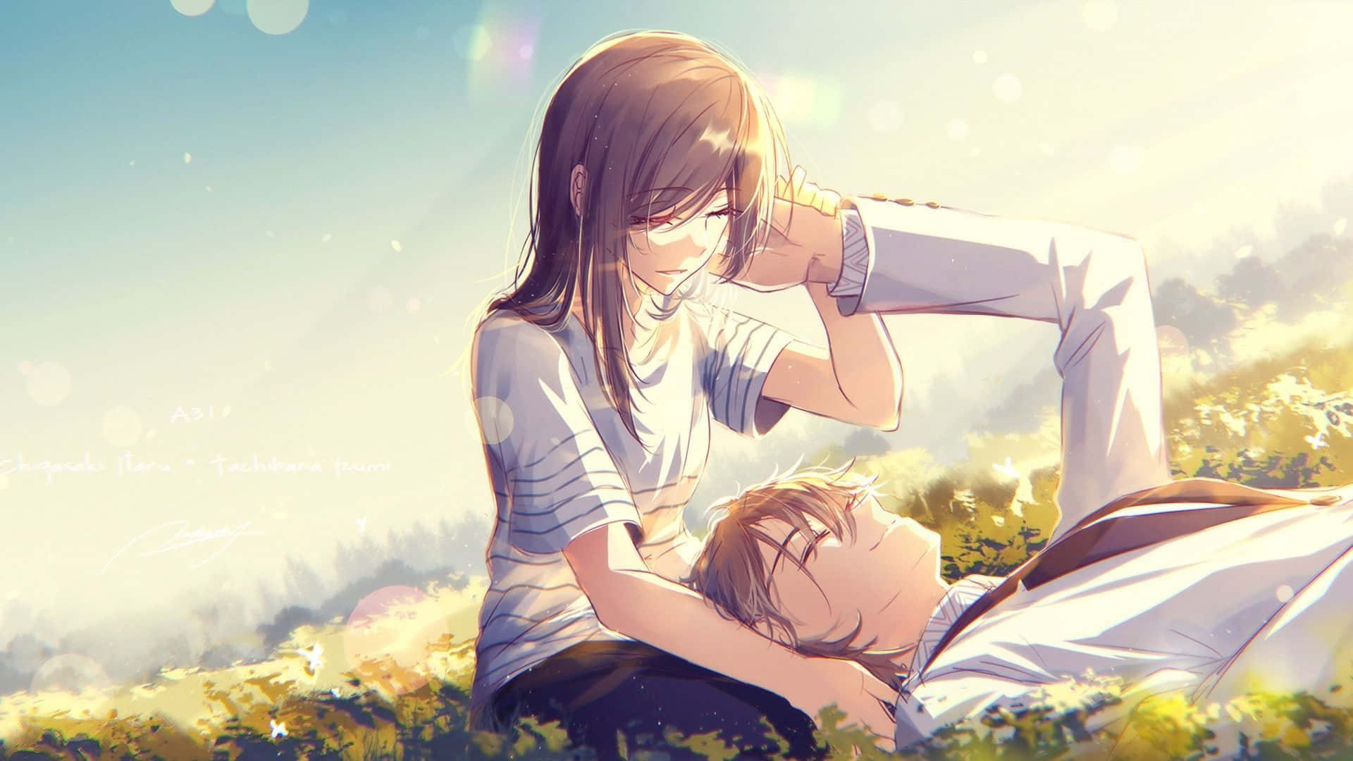 young woman, boy, sunlit field of yellow flowers, Full HD Desktop Wallpaper