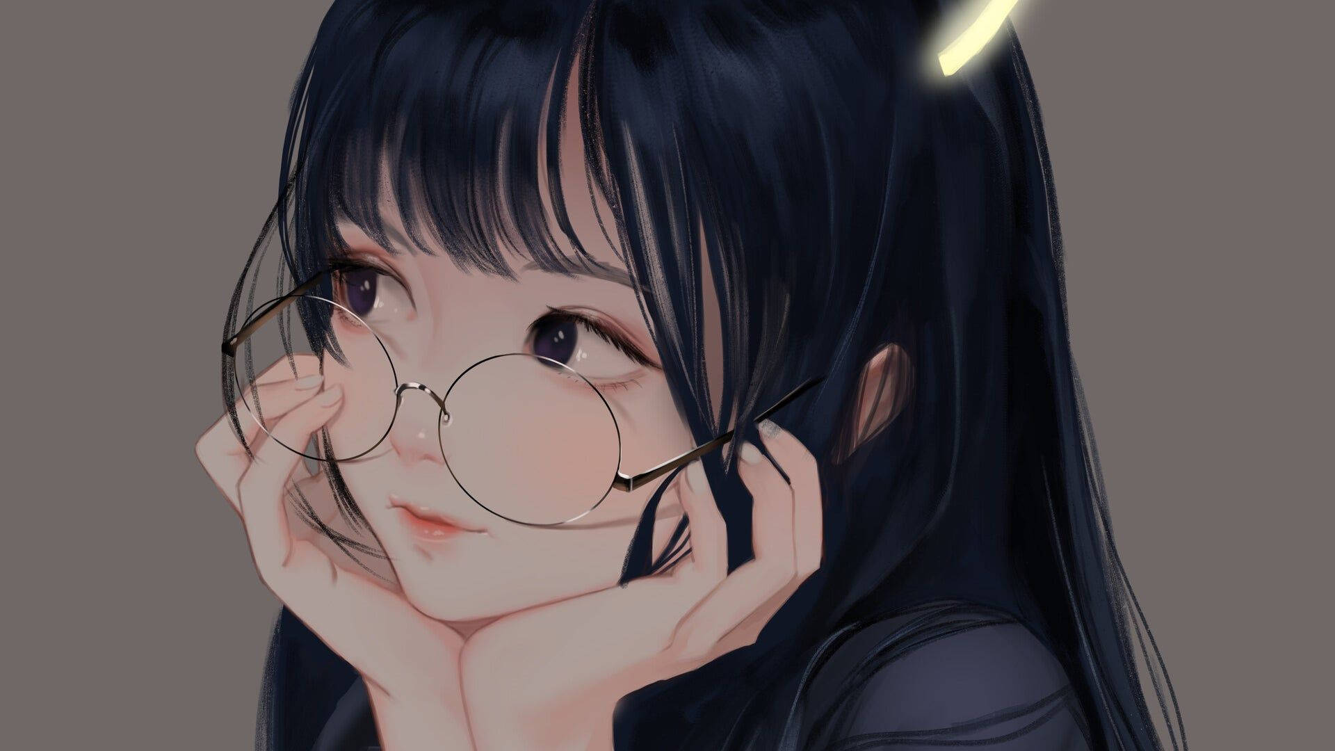 anime girl, dark hair, round glasses, Full HD Desktop Wallpaper