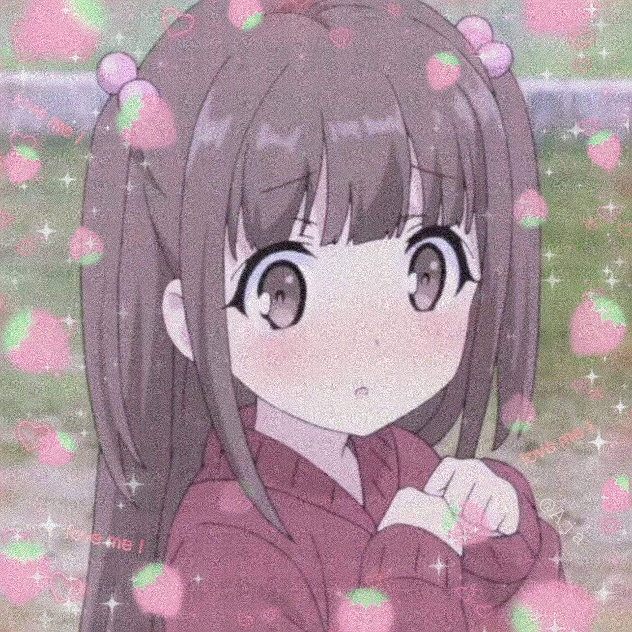 cute anime girl, brown pigtails, pink strawberry overlays, SD Desktop Wallpaper