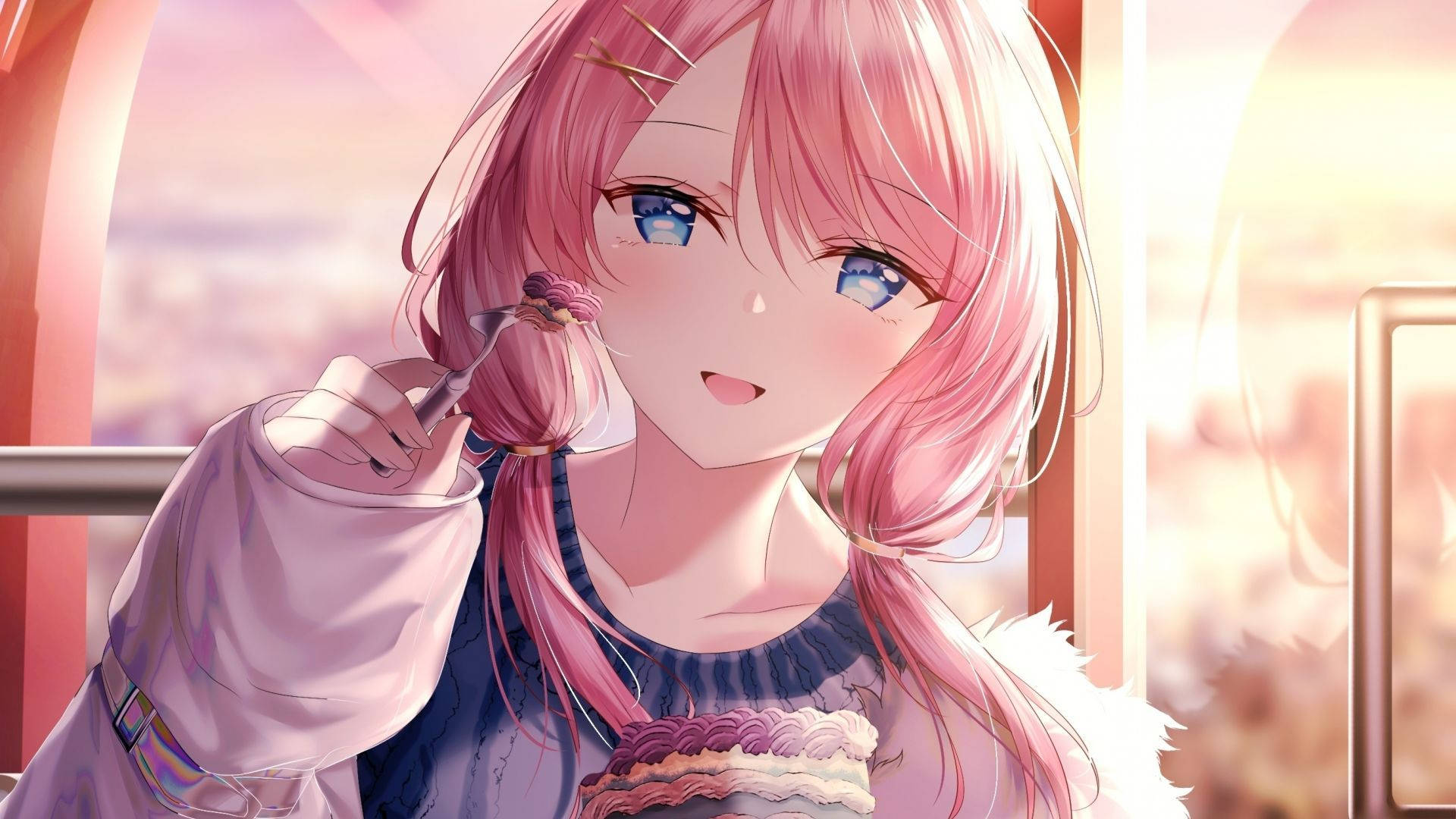 anime girl, pink hair, blue eyes, Full HD Desktop Wallpaper