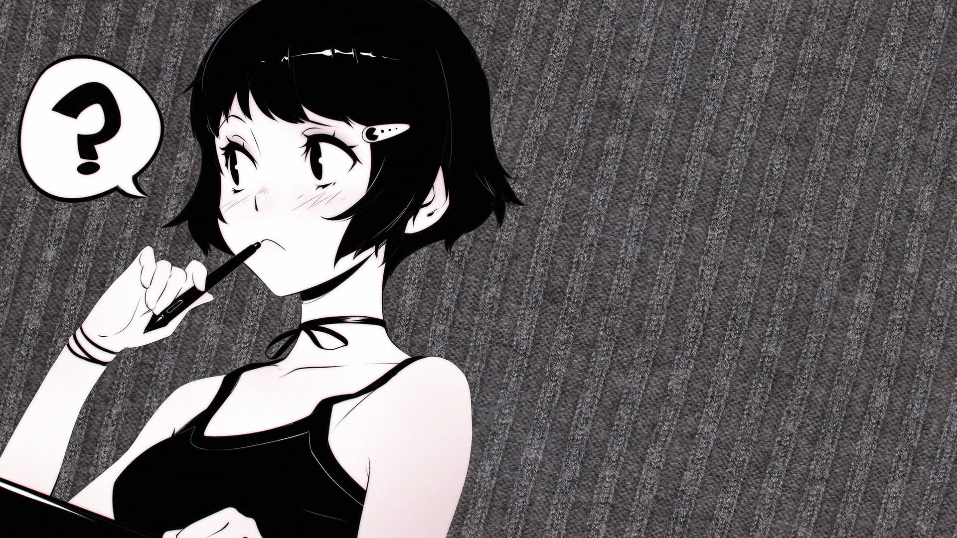 anime girl, short hair, pen to lips, Full HD Desktop Wallpaper