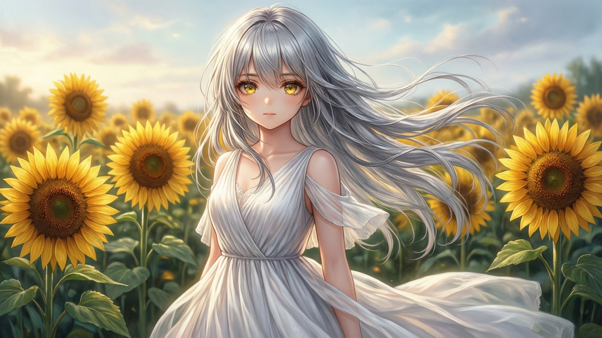silver-haired anime girl, white dress, vibrant sunflowers, Full HD Desktop Wallpaper