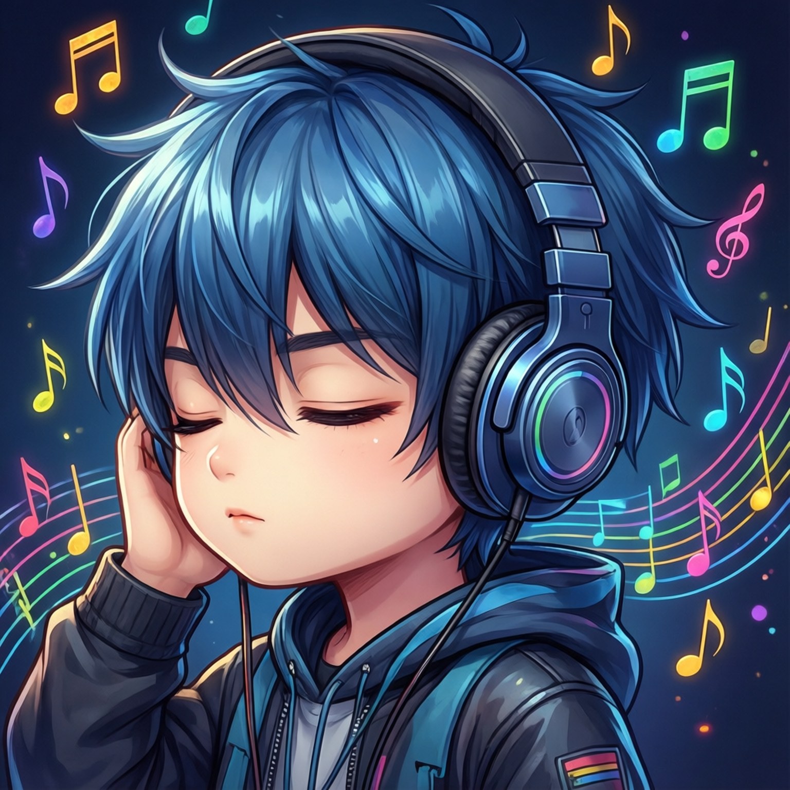 anime boy, blue hair, glowing headphones, HD Desktop Wallpaper