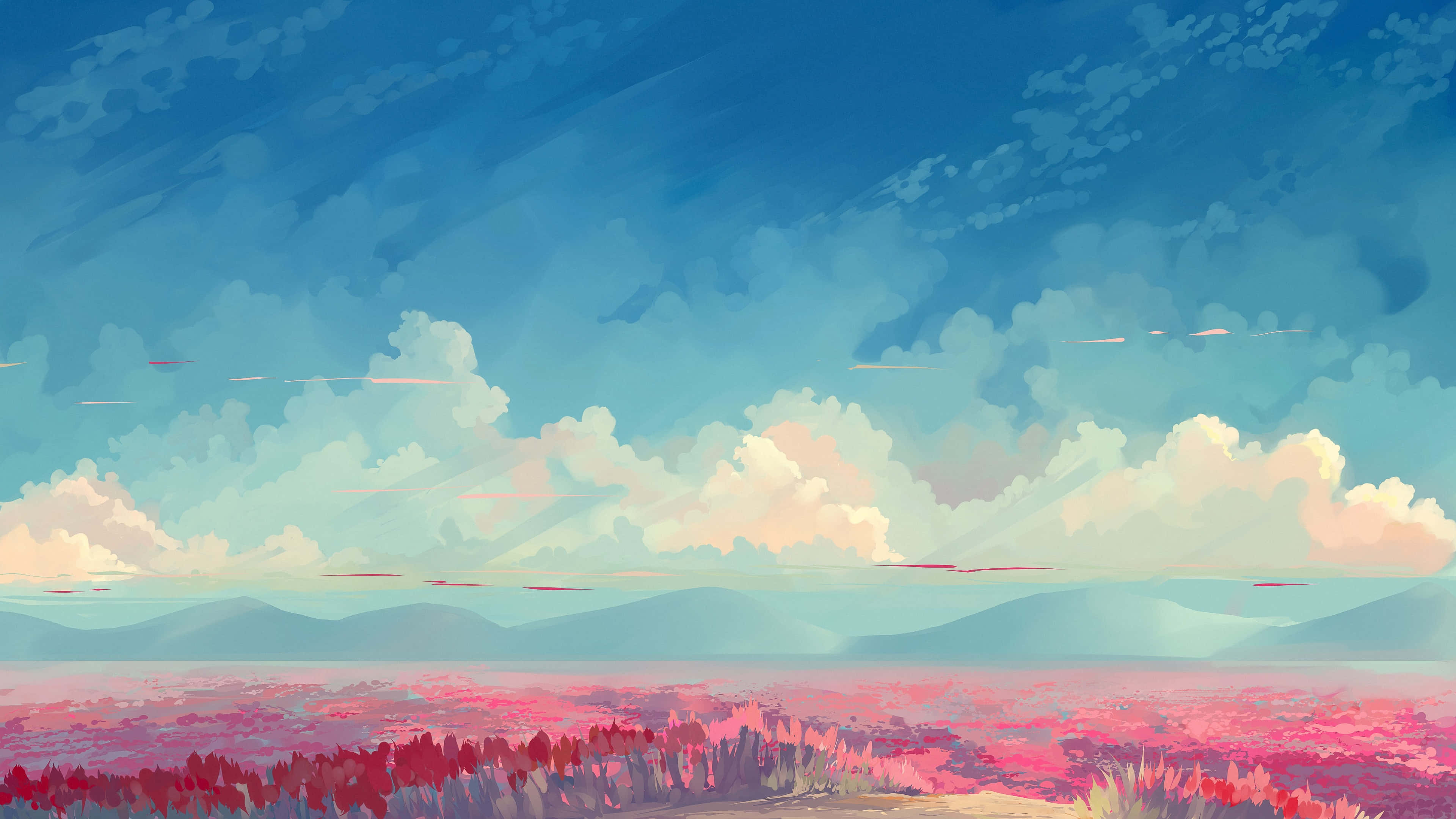 pink flower field, soft blue sky, fluffy clouds, 4K Desktop Wallpaper