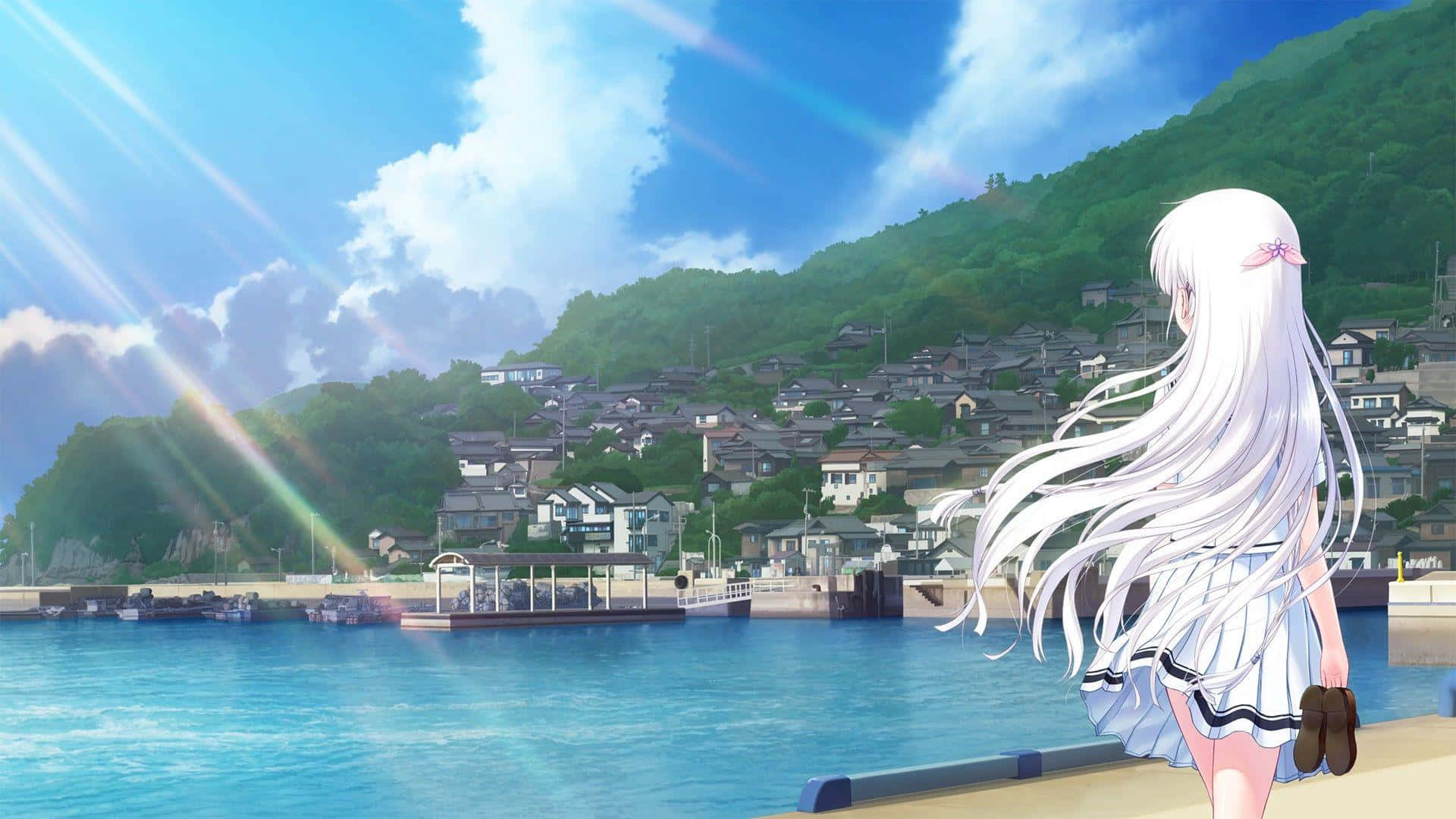white-haired anime girl, sailor uniform, pier, Full HD Desktop Wallpaper