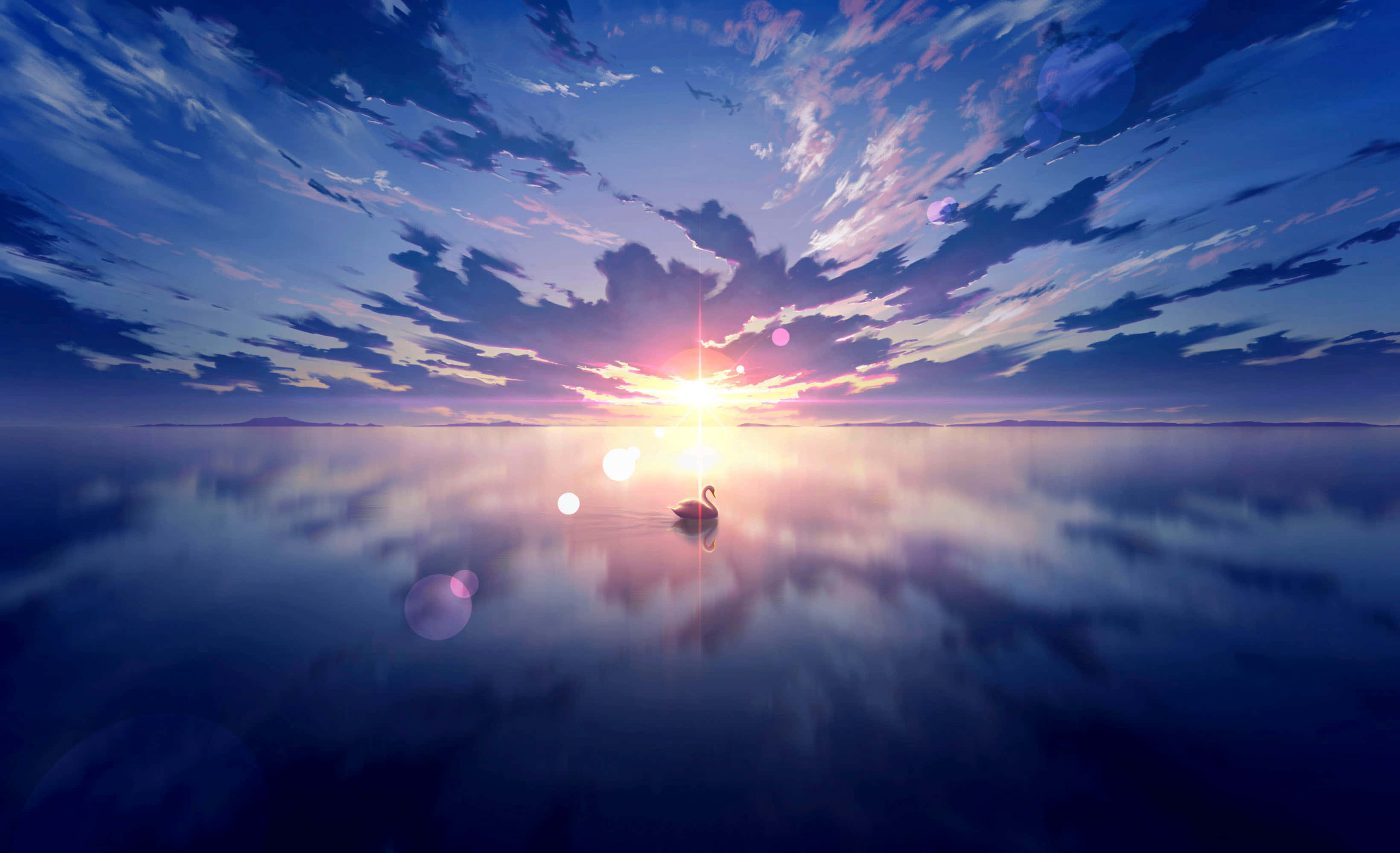 serene anime landscape, lone swan, glassy lake, 2K Desktop Wallpaper