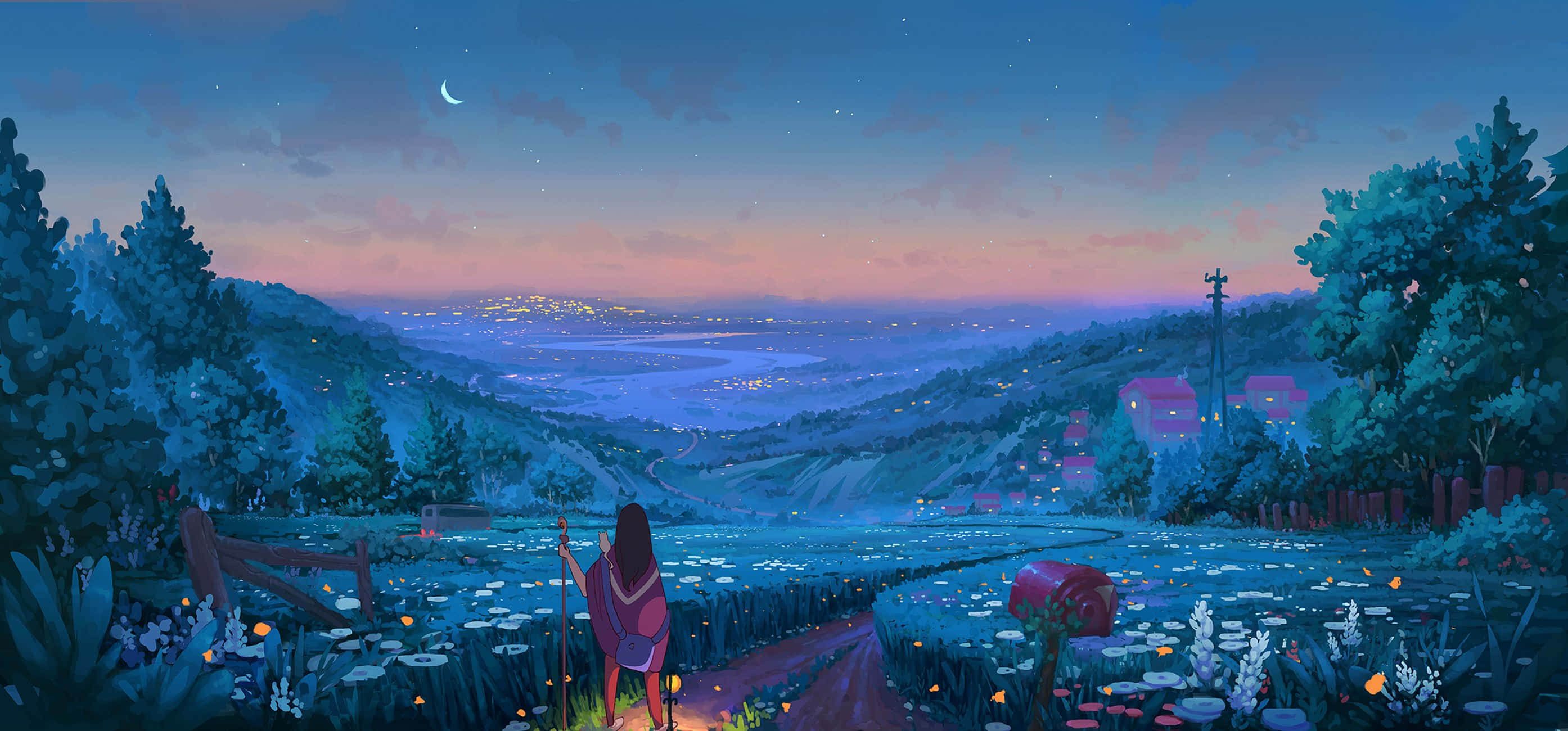 moonlit field, glowing flowers, distant cityscape, 2K Desktop Wallpaper